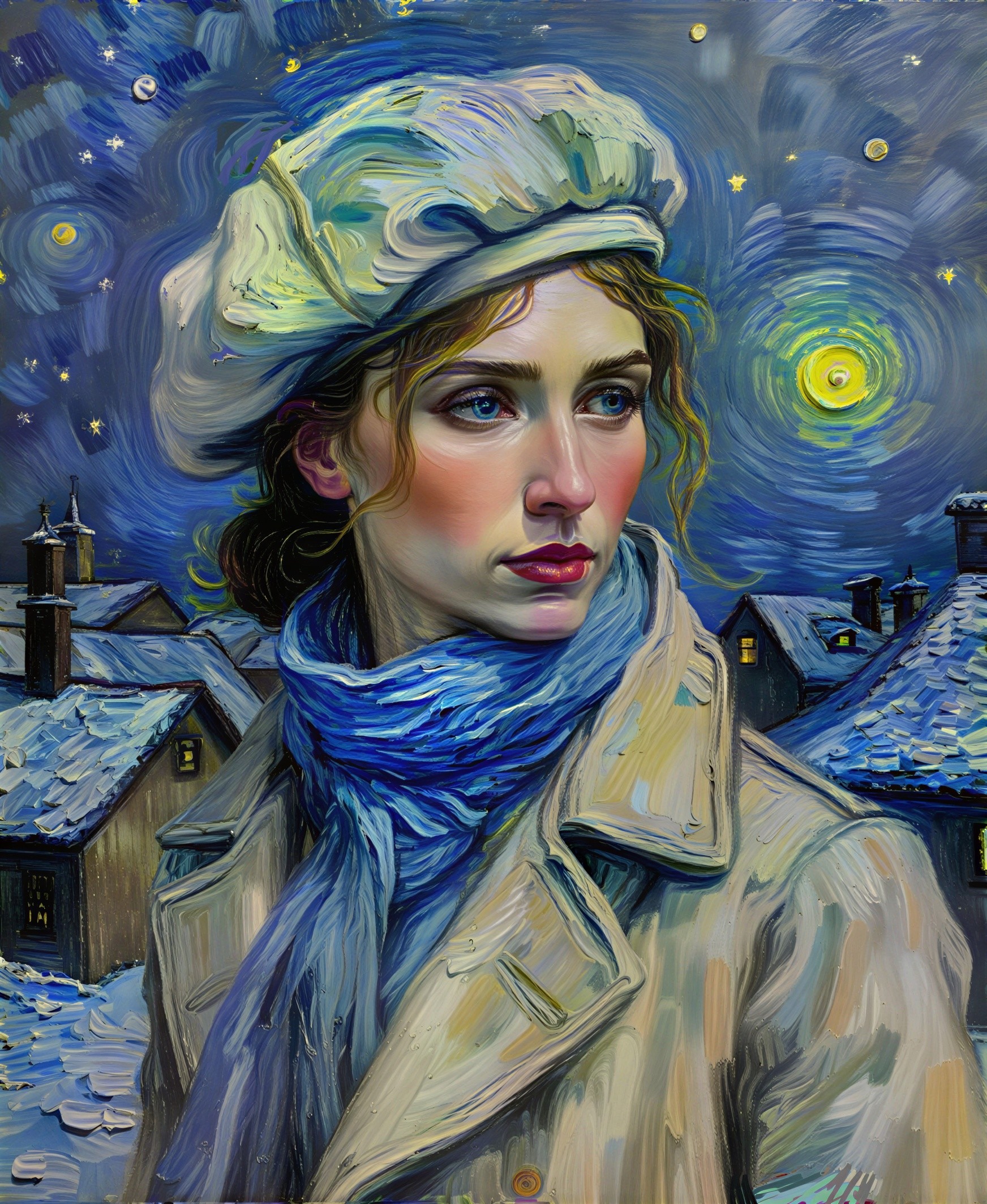 Young Woman in Winter Attire Against Starry Night Sky