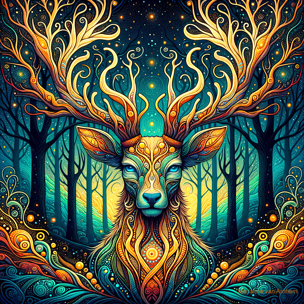 Psychedelic Illustration of a Majestic Deer in Forest