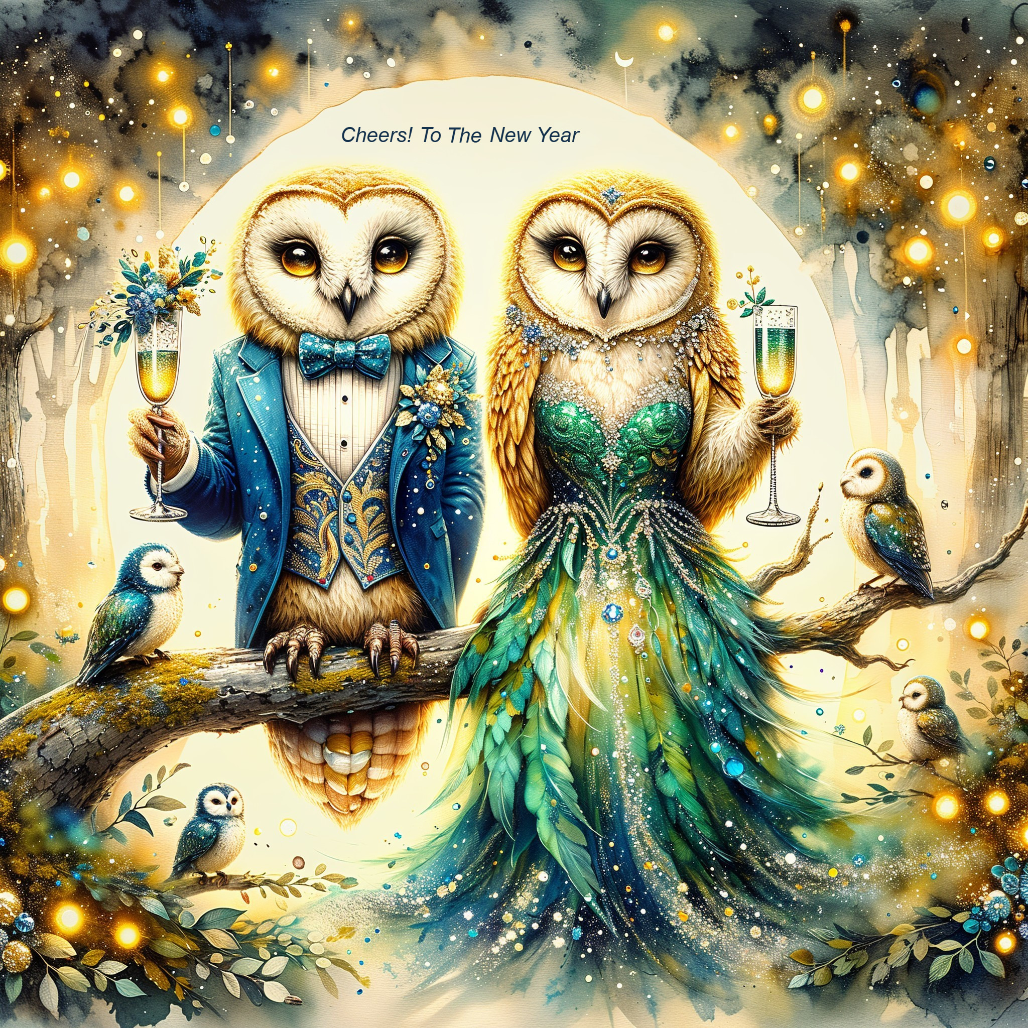 Elegant Barn Owls in Formal Attire on Tree Branch