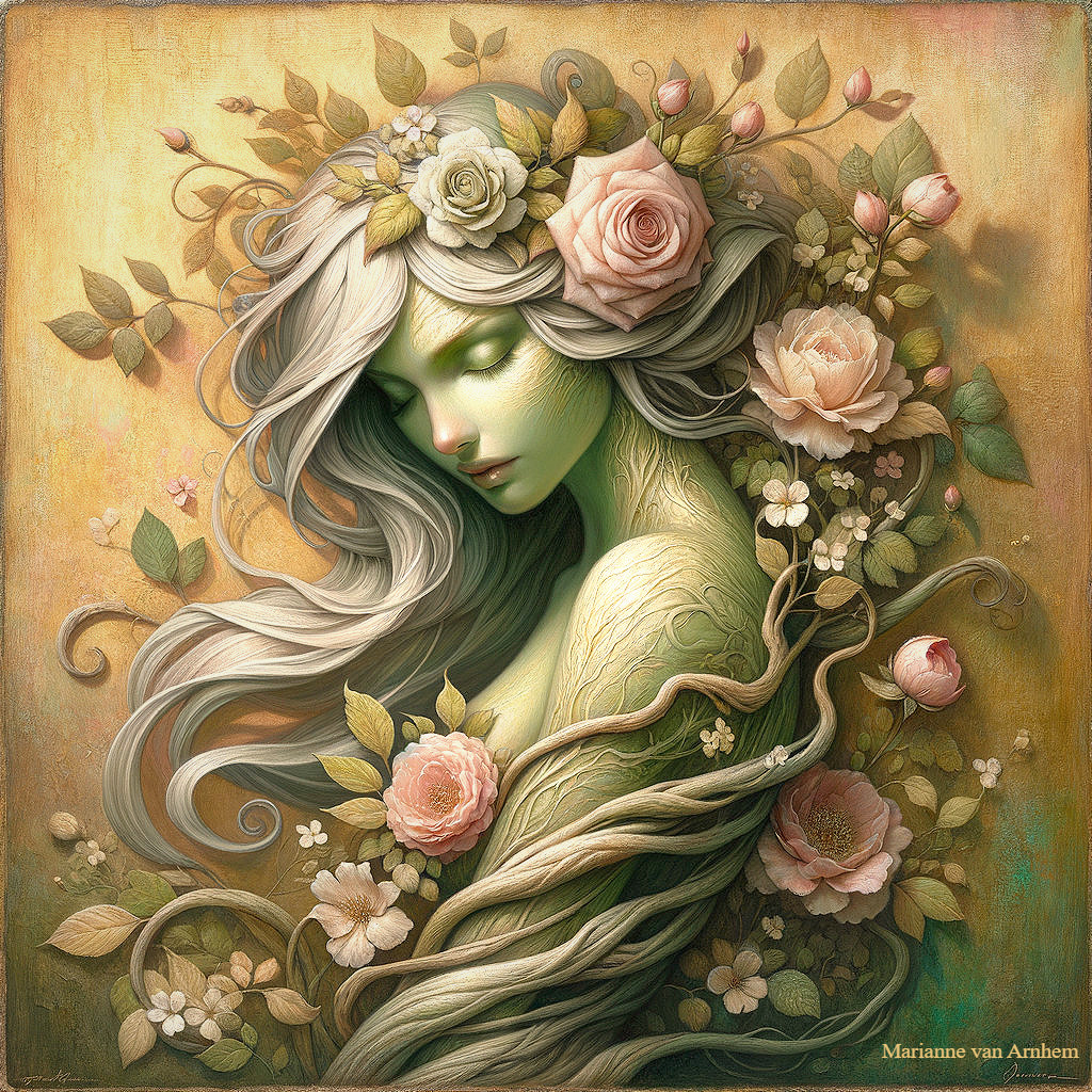 Ethereal Figure with Roses and Green Skin