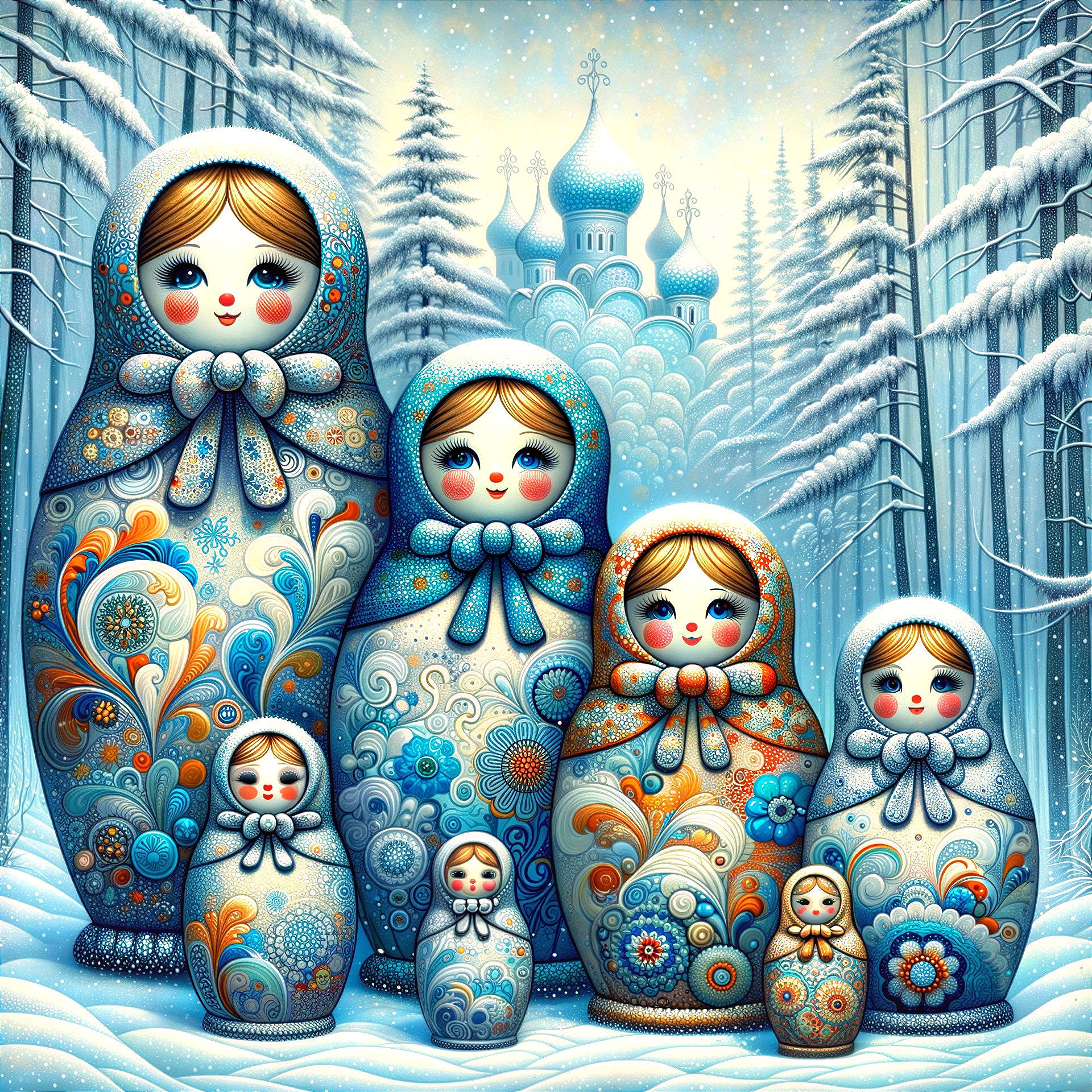 Intricate Russian Nesting Dolls in Snowy Landscape