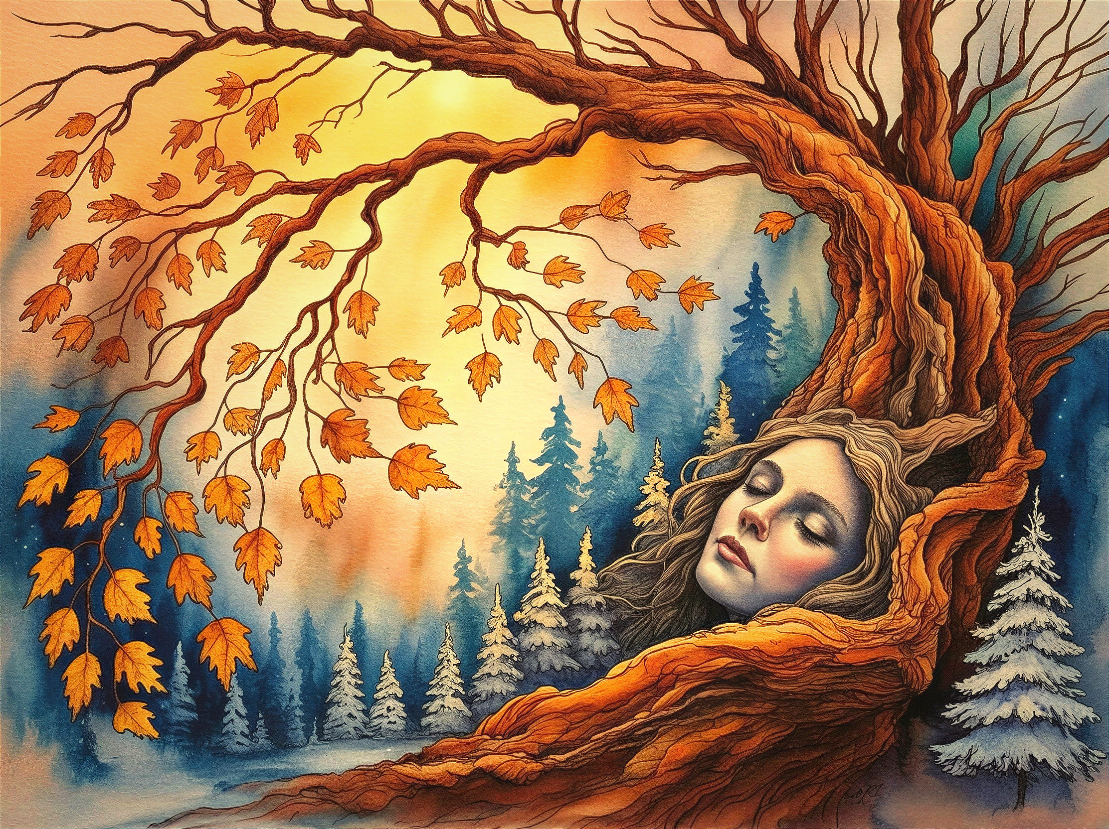 Ethereal Woman's Face Merged with Tree Trunk Art