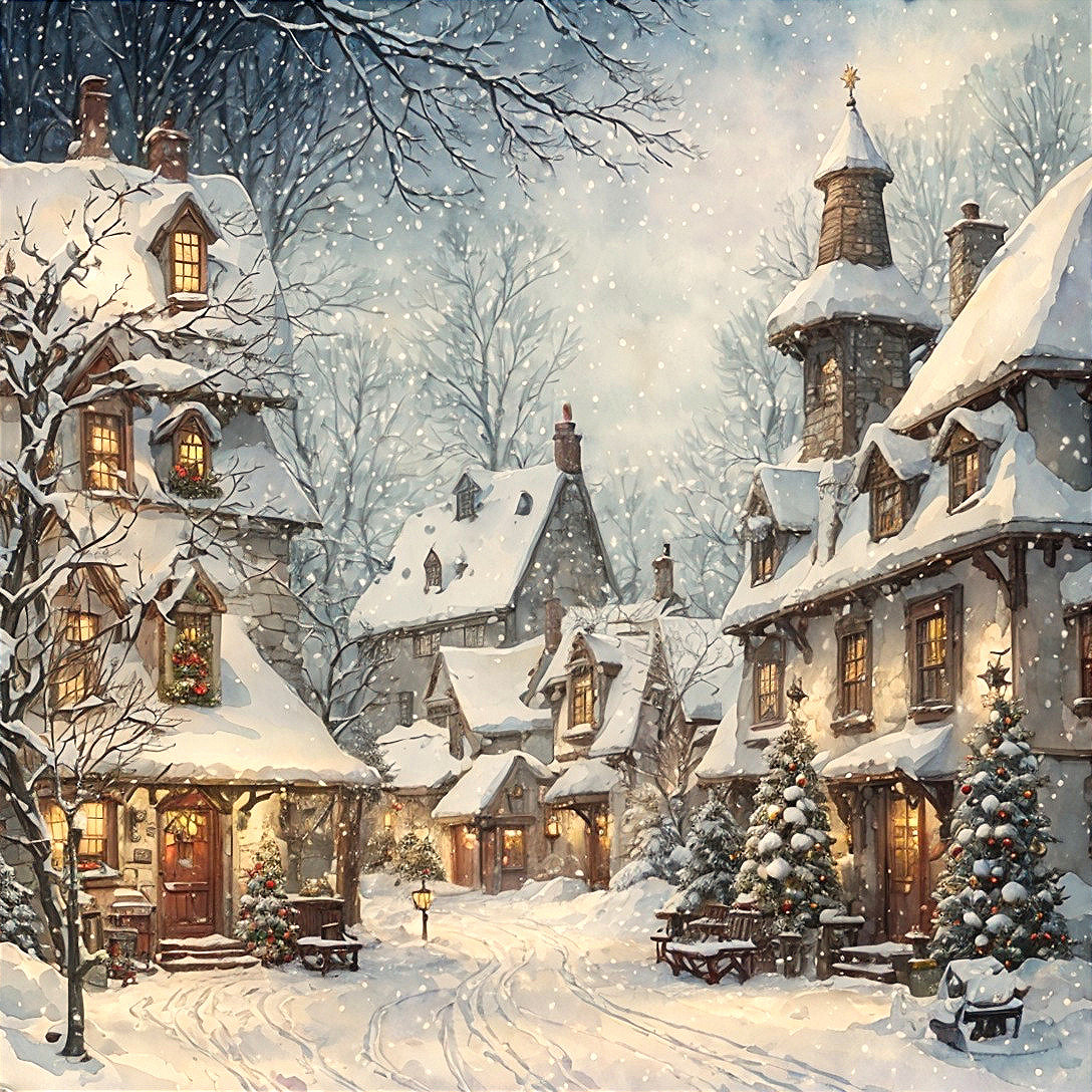Winter Wonderland: Festive Village in Snowy Evening