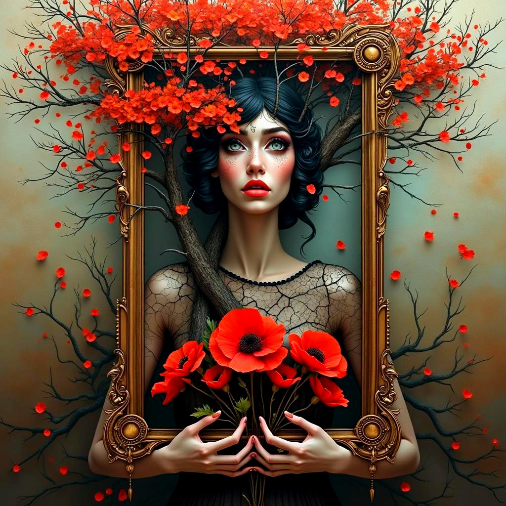 Portrait of a woman with branches and poppies