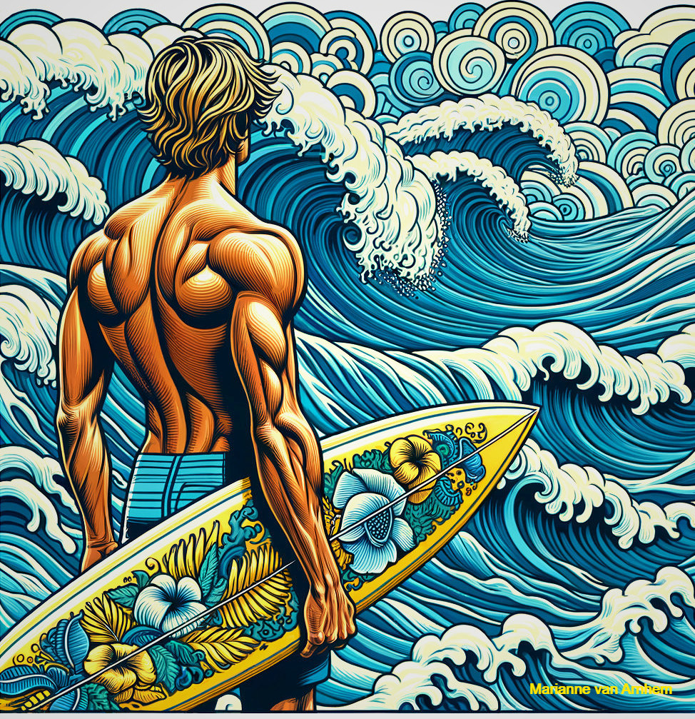 Muscular Surfer with Vibrant Surfboard by Ocean Waves