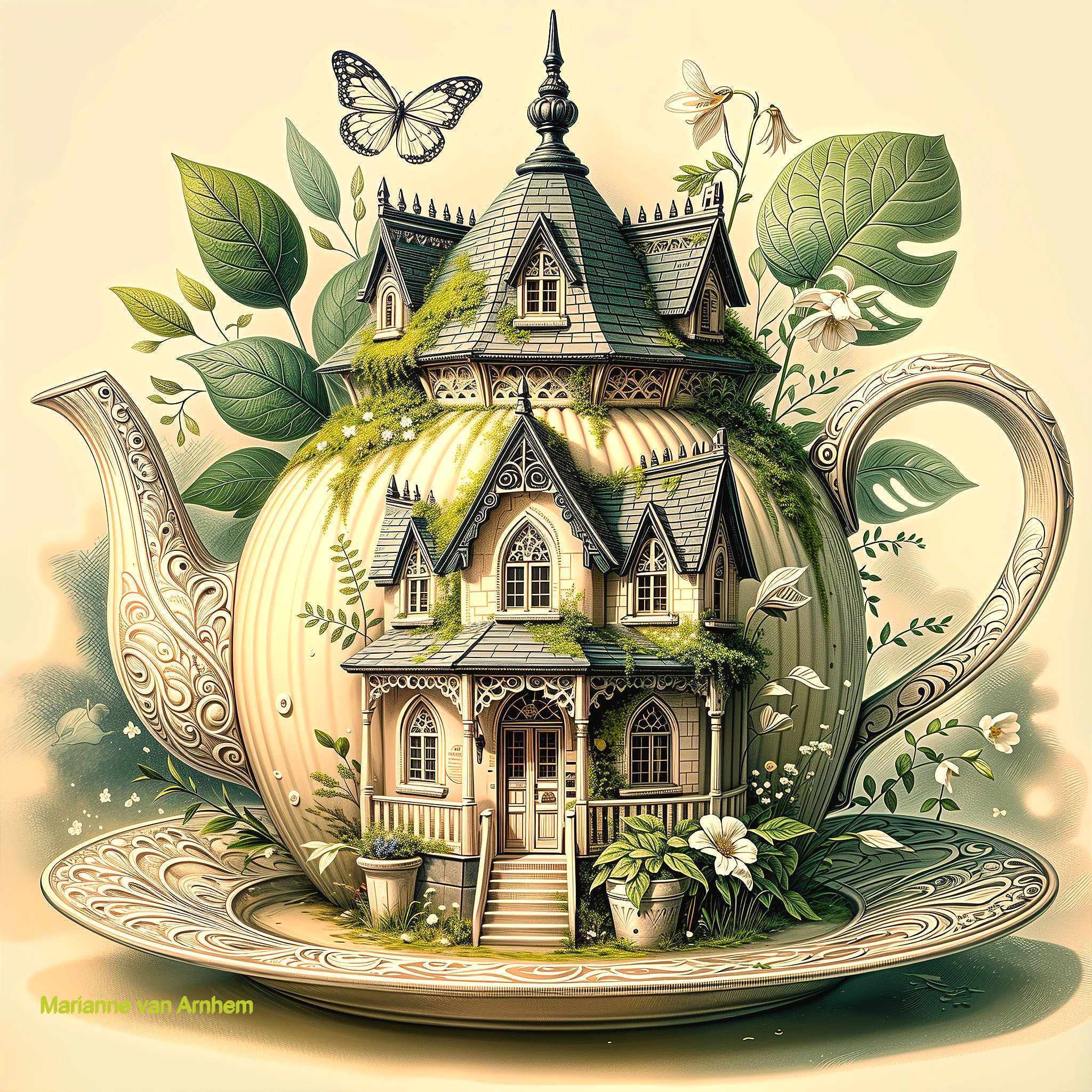 Whimsical Teapot House Surrounded by Lush Greenery