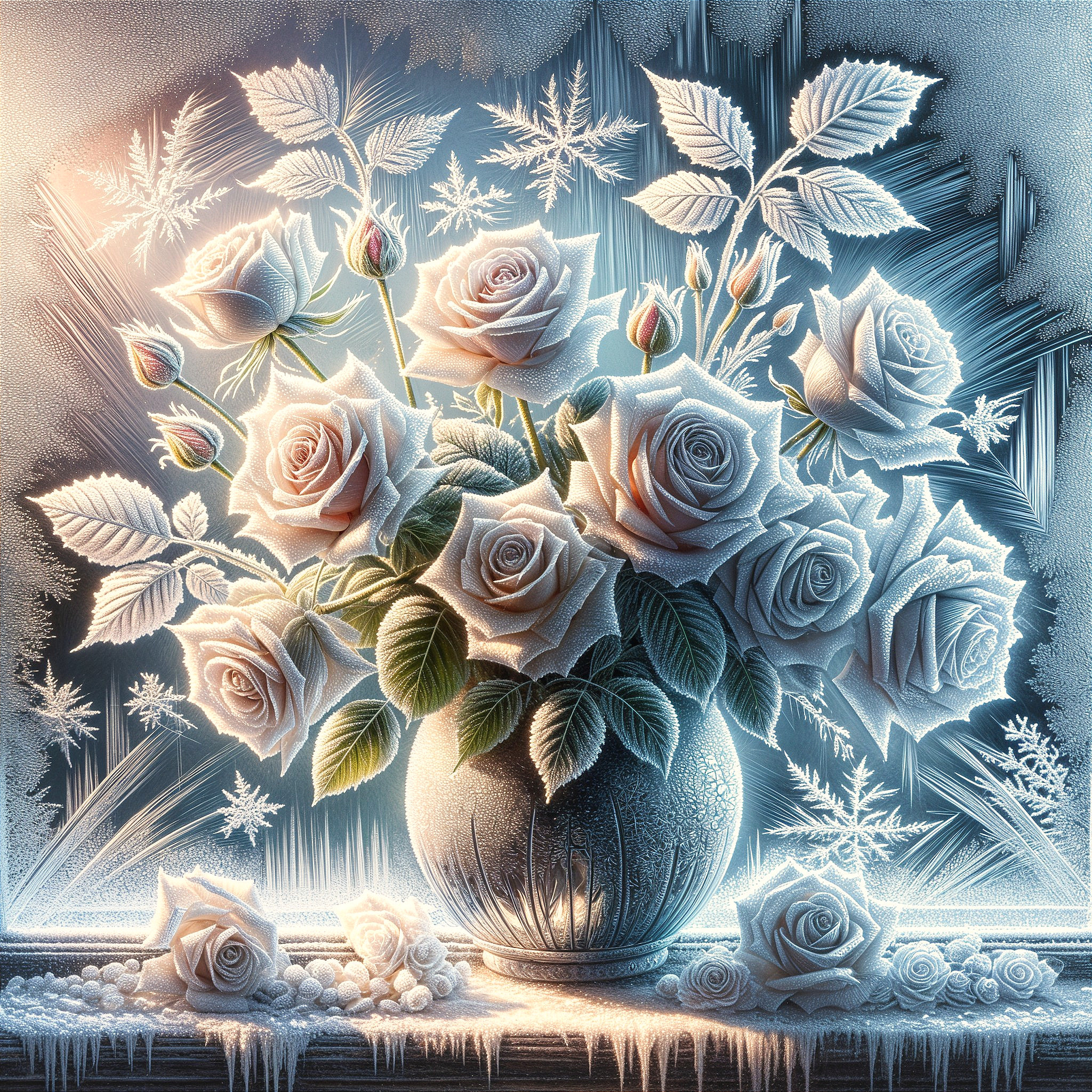 White Roses in Frosted Vase with Ice Crystals