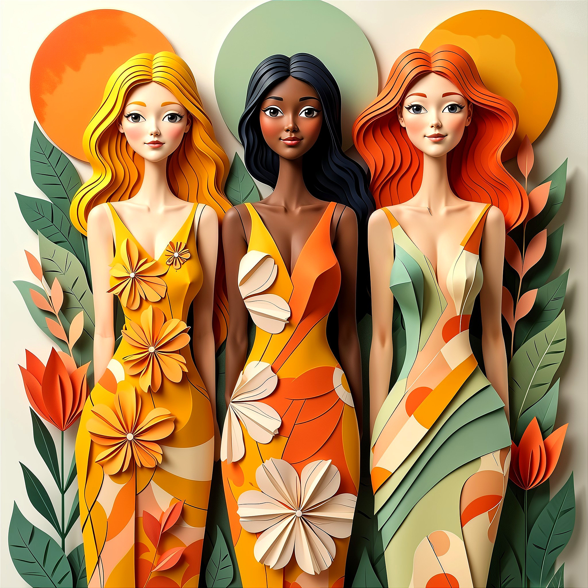 Vibrant Paper Cut Figures of Women in Patterned Dresses