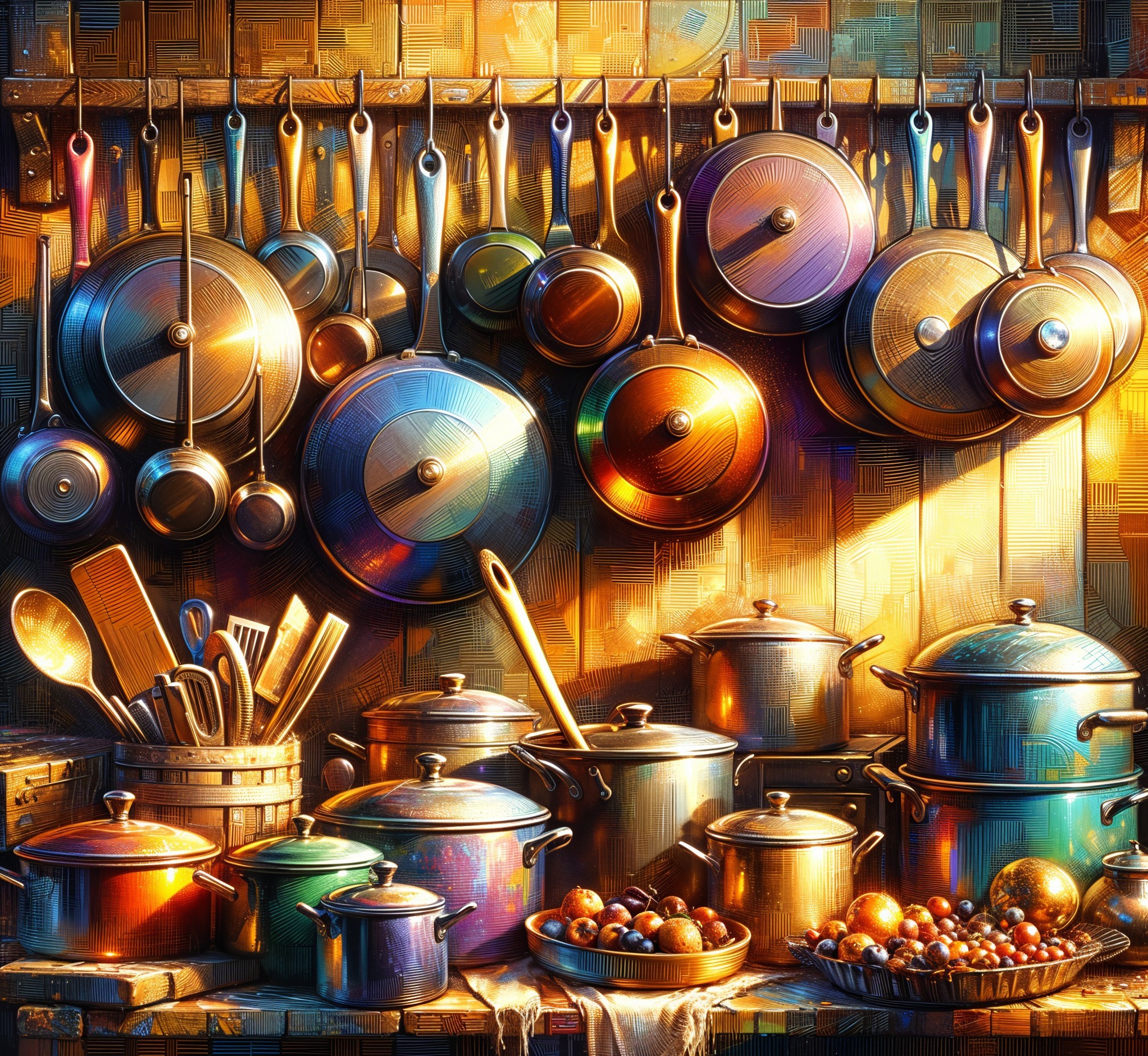 Warm Kitchen Scene with Metallic Pots and Fresh Fruits