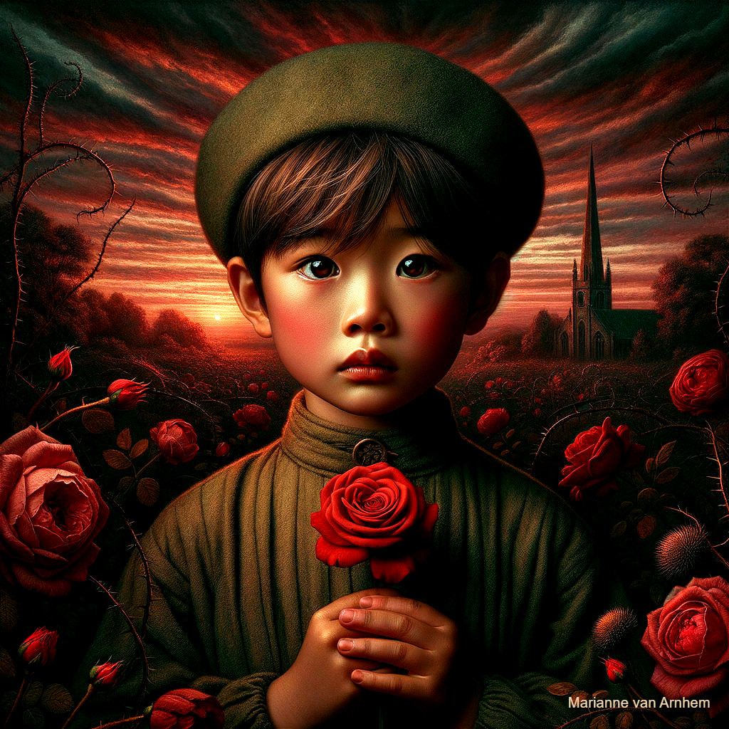 Young Boy in Surreal Garden with Red Roses and Stormy Sky