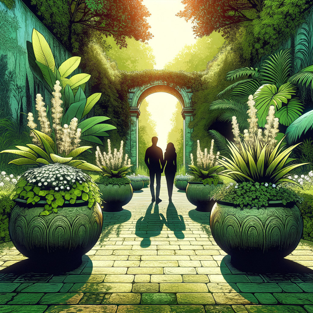 Serene garden pathway with lush greenery and couple