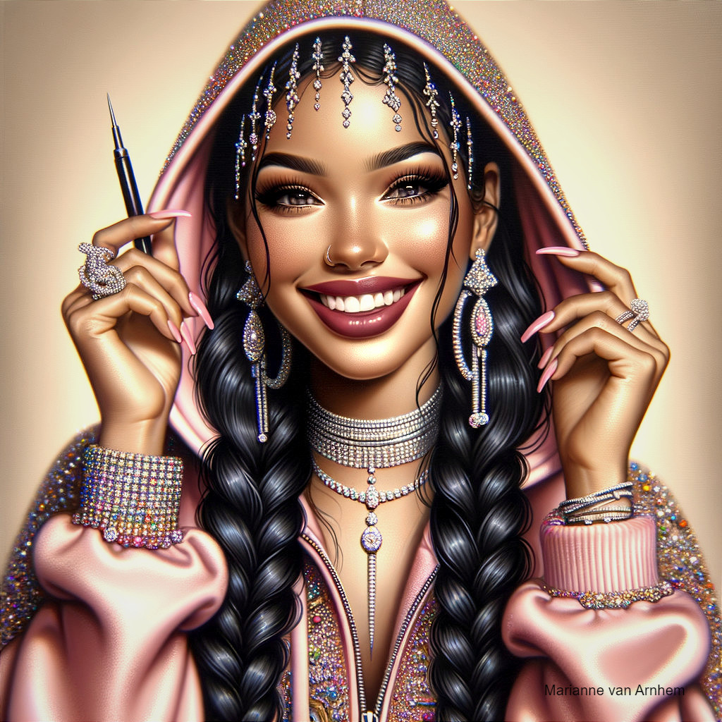 Confident Woman in Shimmering Pink Hoodie and Jewelry