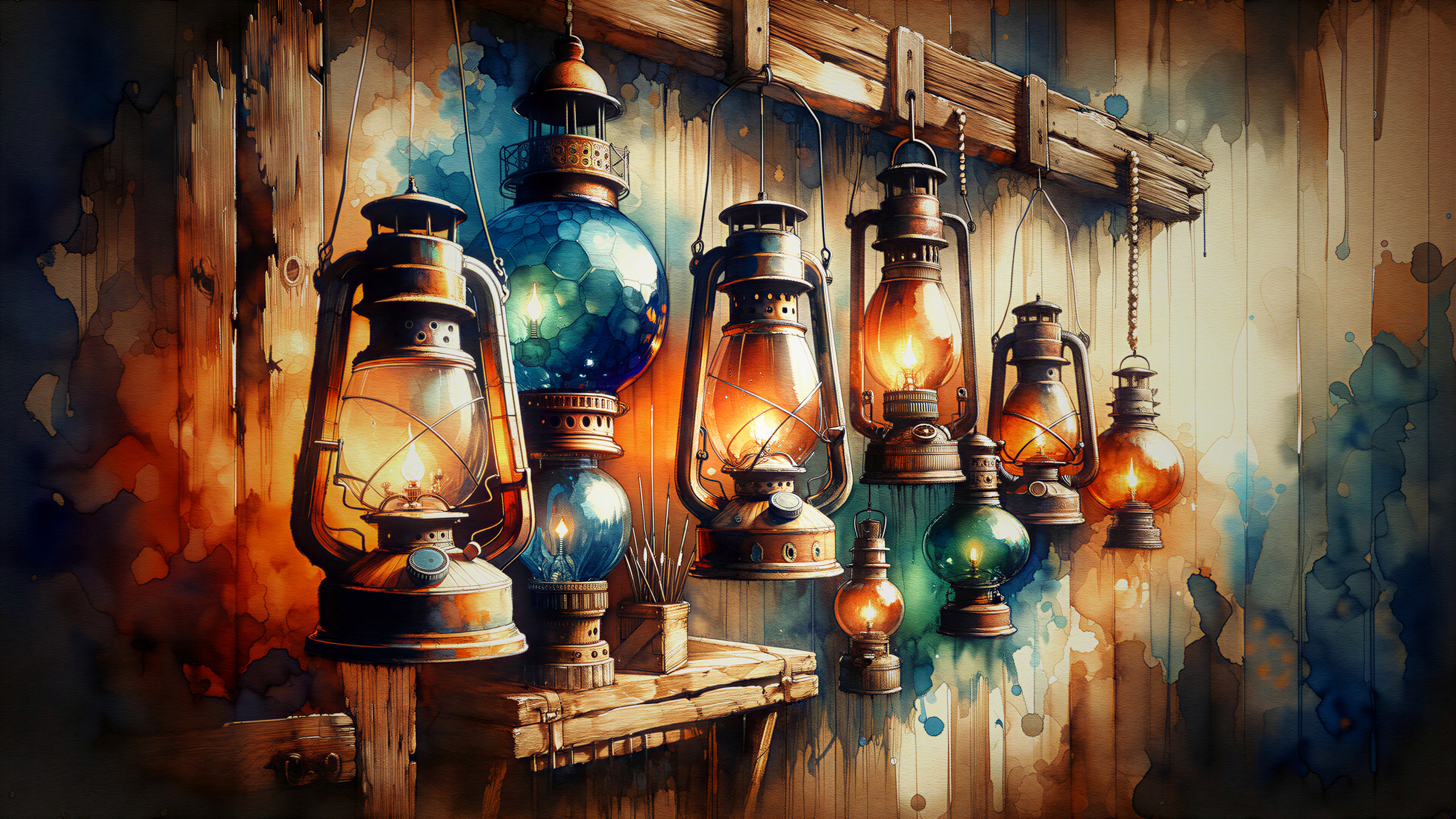 Vintage Lanterns Against Rustic Wooden Wall Display
