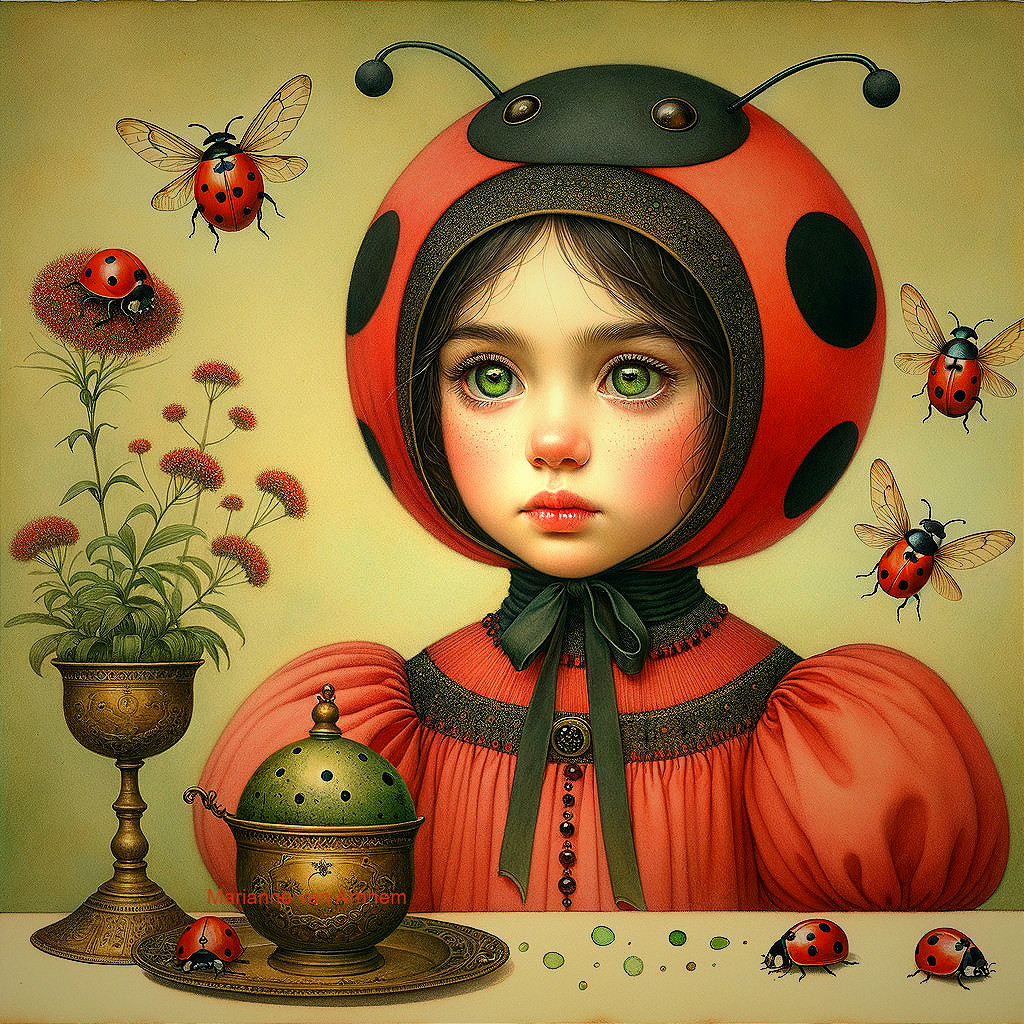 Young Girl in Ladybug Outfit Surrounded by Nature