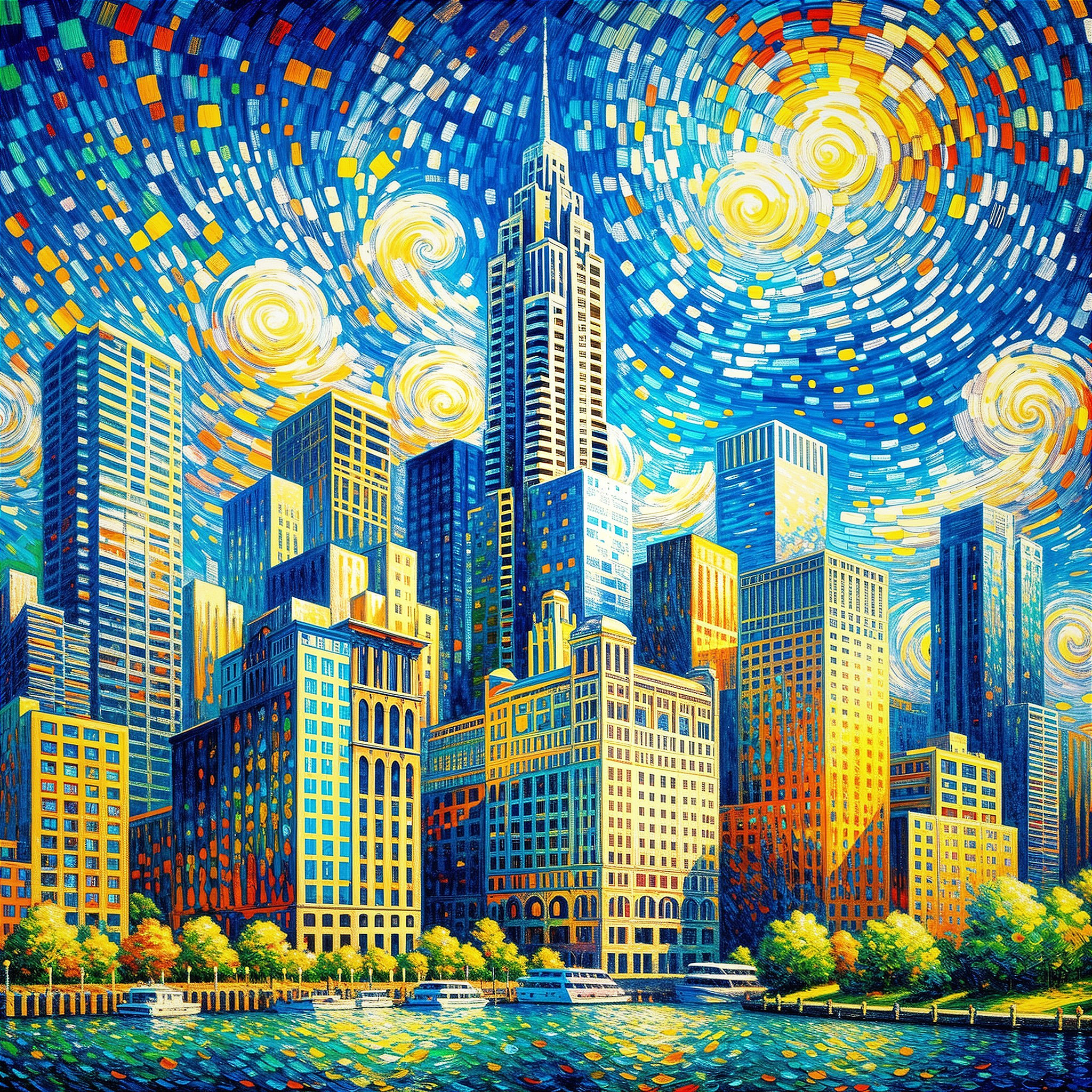 Vibrant Cityscape with Skyscrapers and Starry Sky