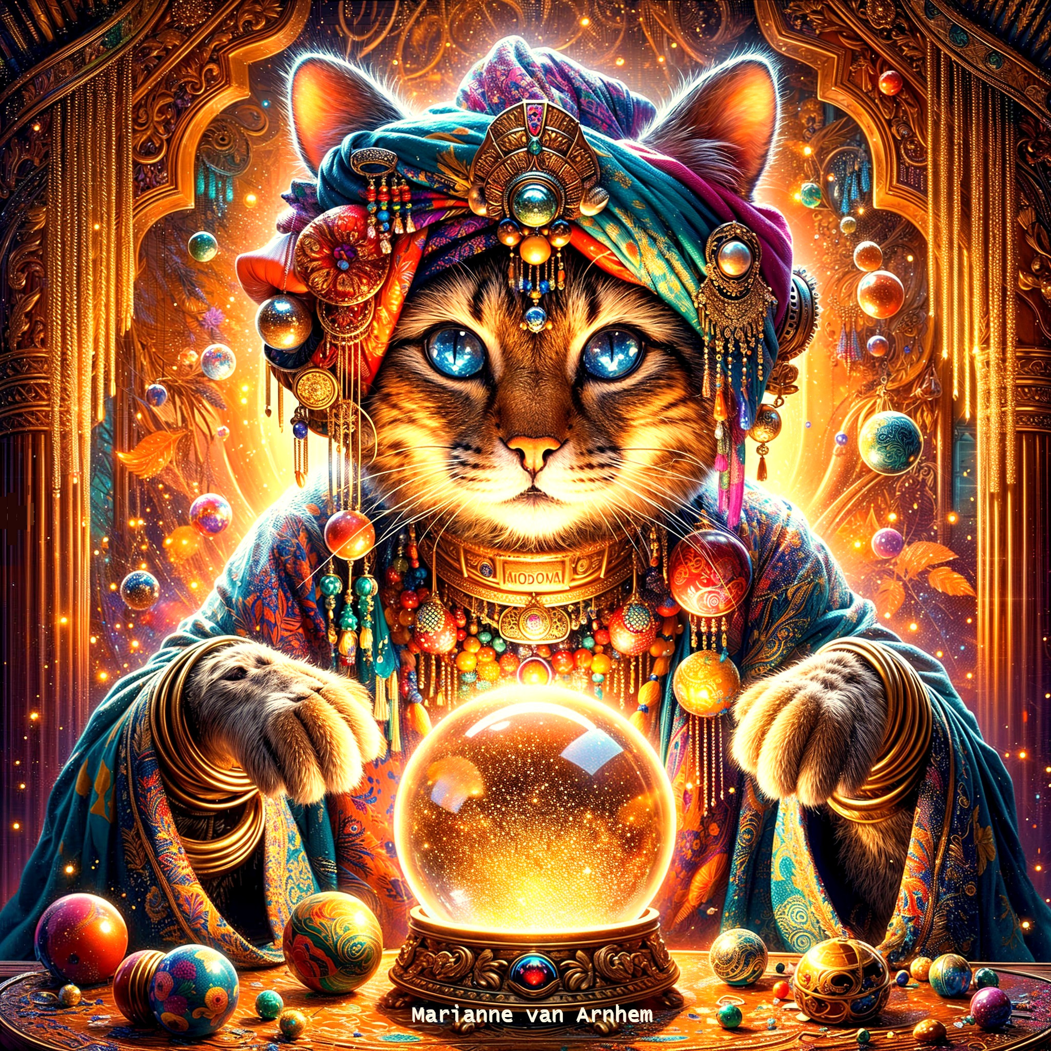 Mystical Cat in Colorful Robes with Crystal Ball