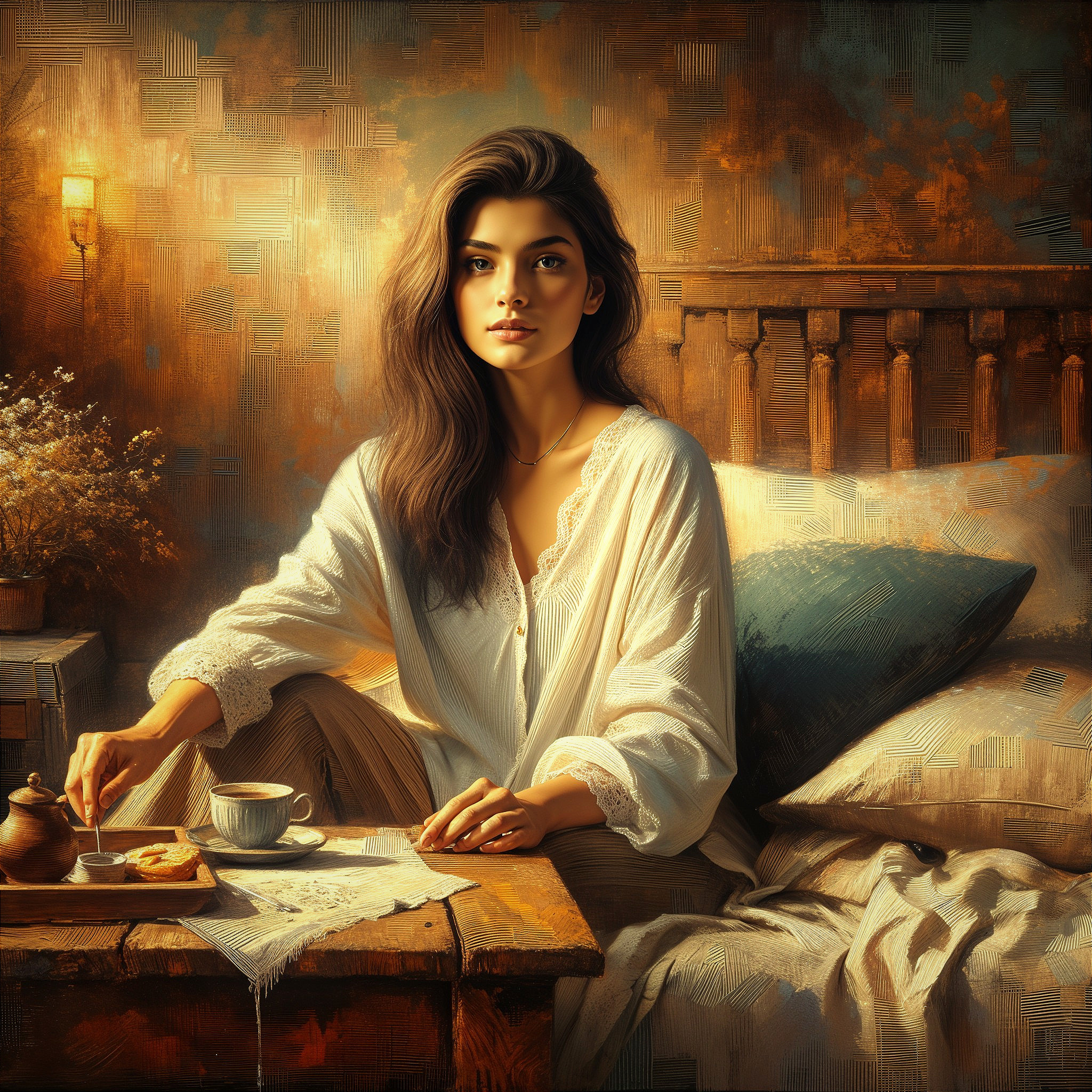 Young woman in white robe on cozy bed with breakfast