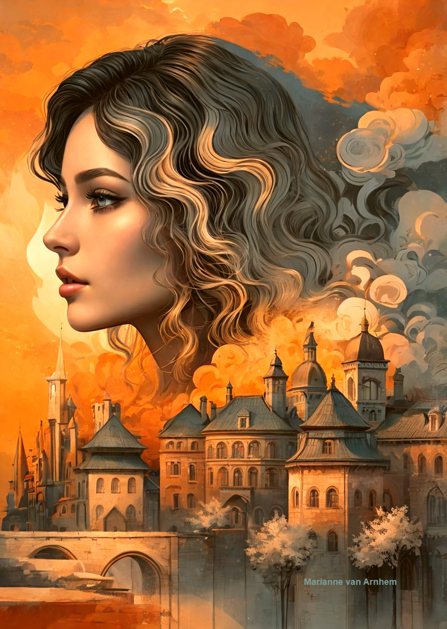 Surreal Artwork of Woman with Medieval Cityscape Background