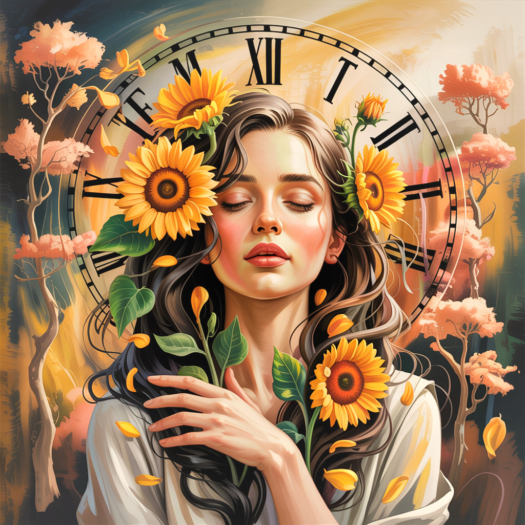 Serene Woman Surrounded by Sunflowers and Nature
