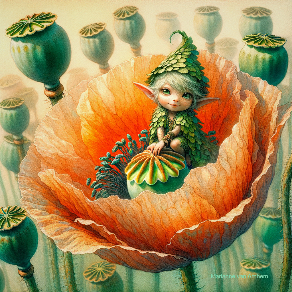 Fairy in Leafy Attire Among Vibrant Poppy Flowers