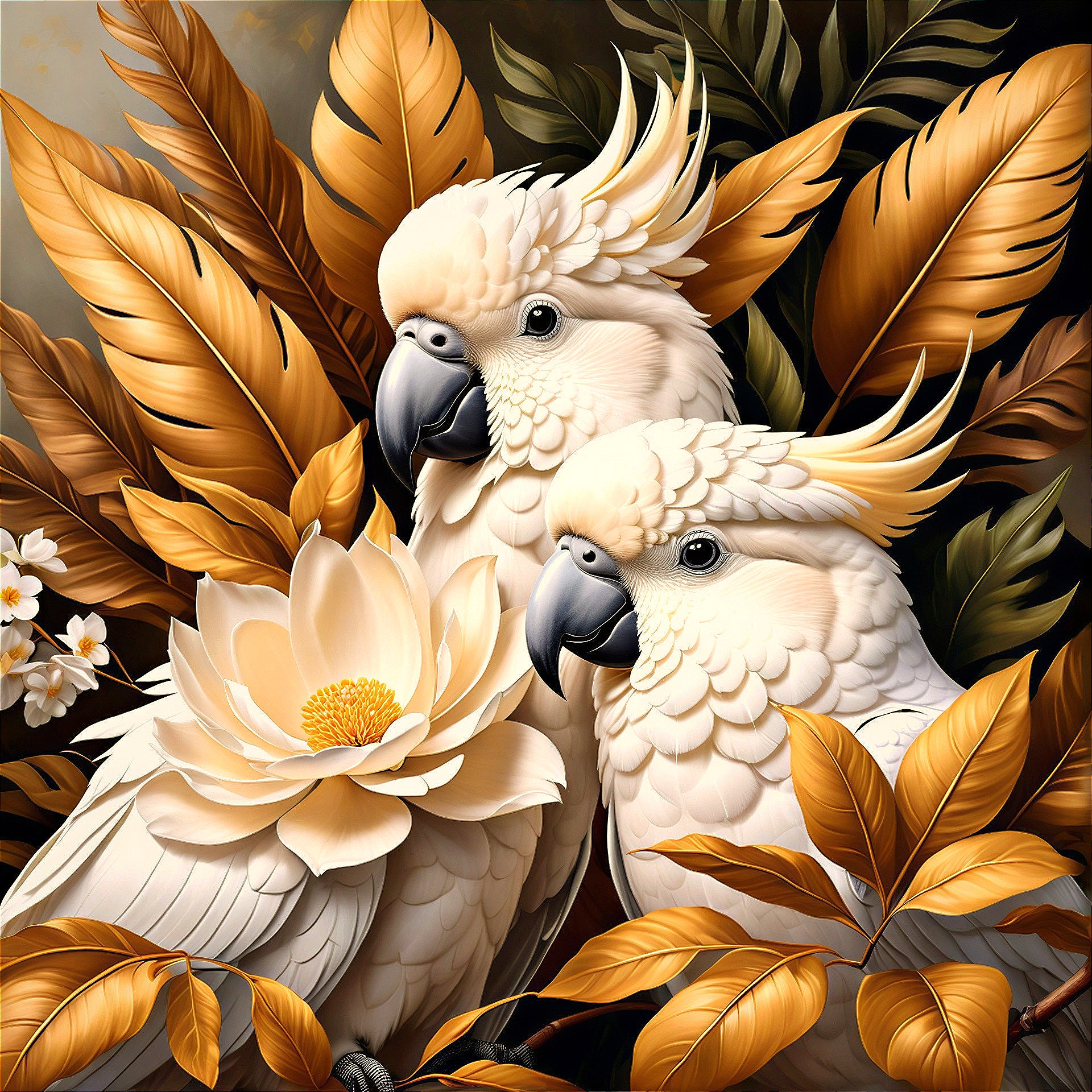 Cockatoos Among Golden Leaves and Lotus Flower