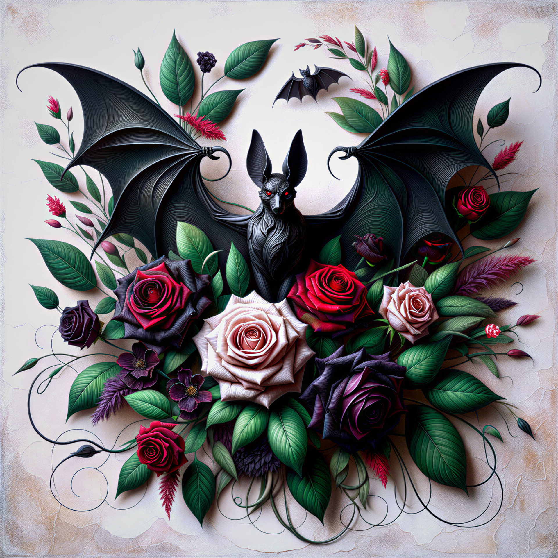 Black Bat Surrounded by Colorful Roses and Leaves