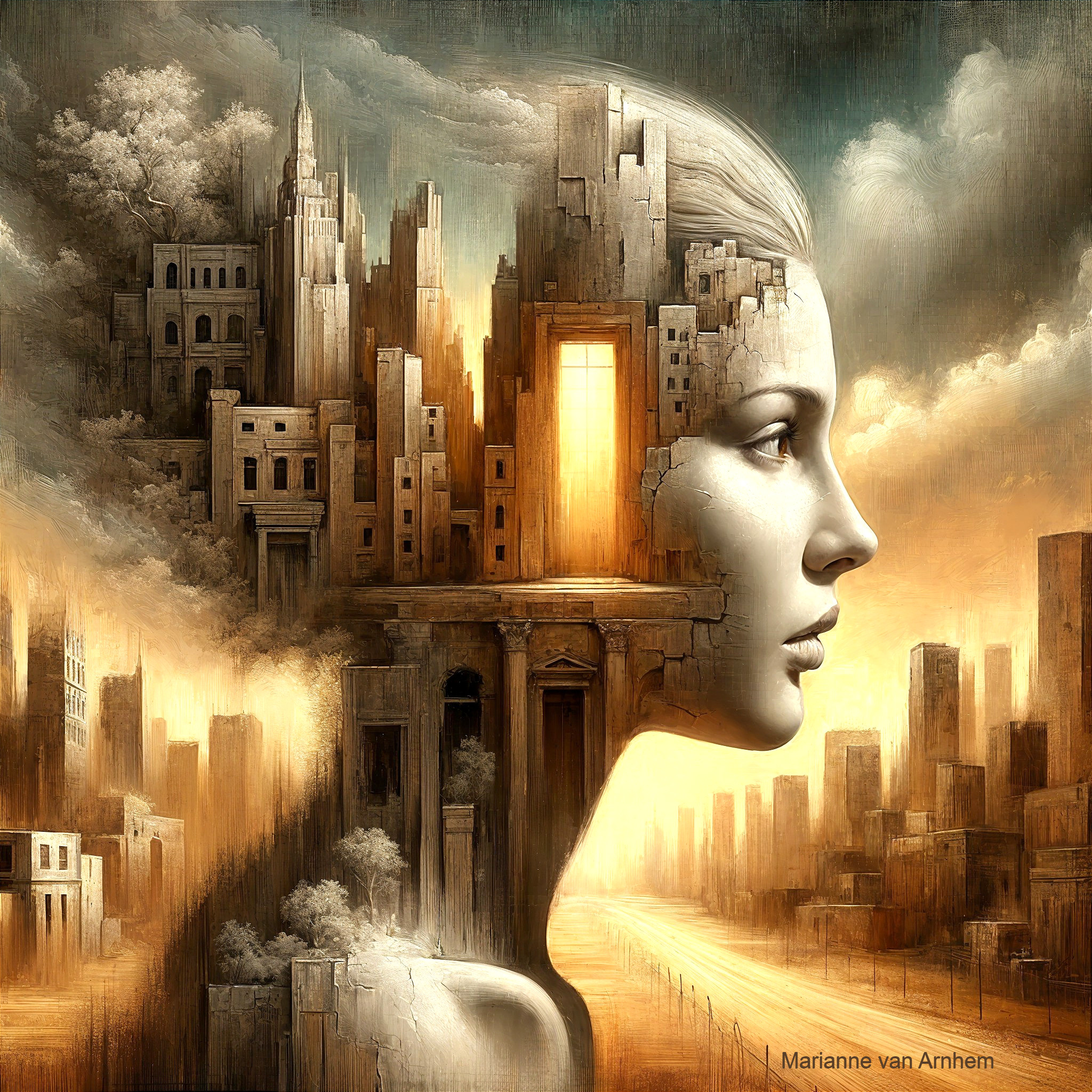 Surreal Woman's Profile Merged with Cityscape Art