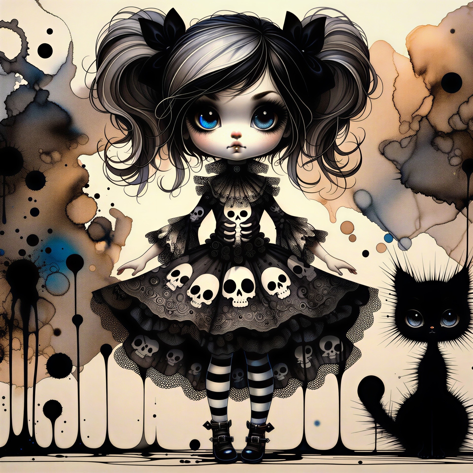 Whimsical Doll Figure with Dark Charm and Cat
