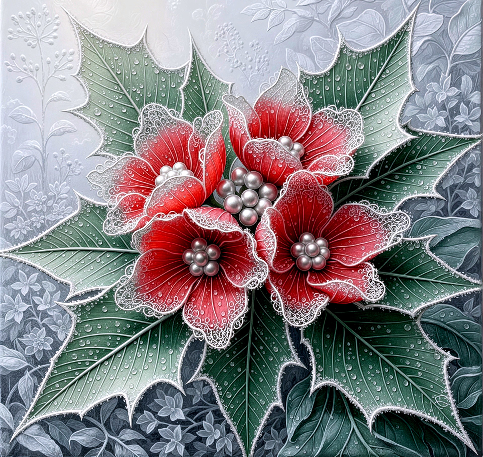 Detailed Digital Artwork of Red-Pink Poinsettias