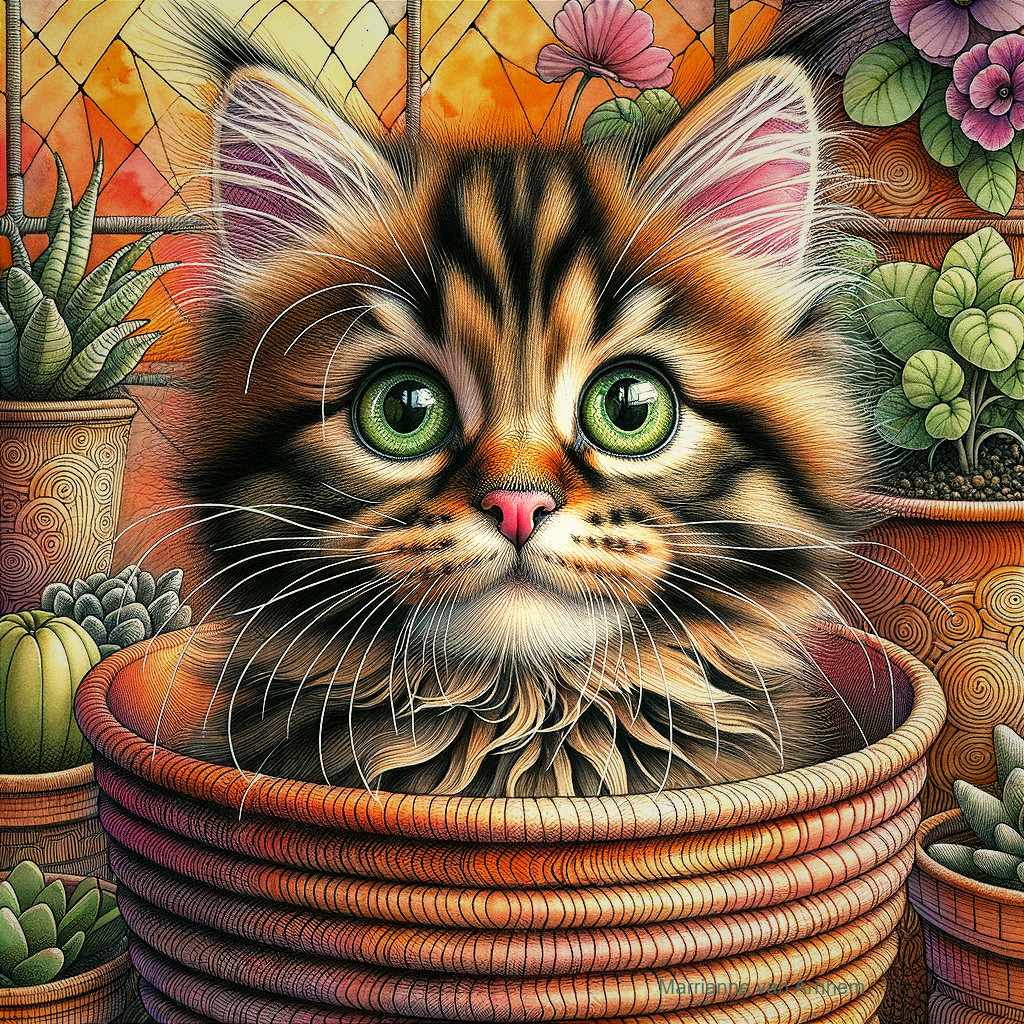 Fluffy Cat with Green Eyes in a Colorful Garden