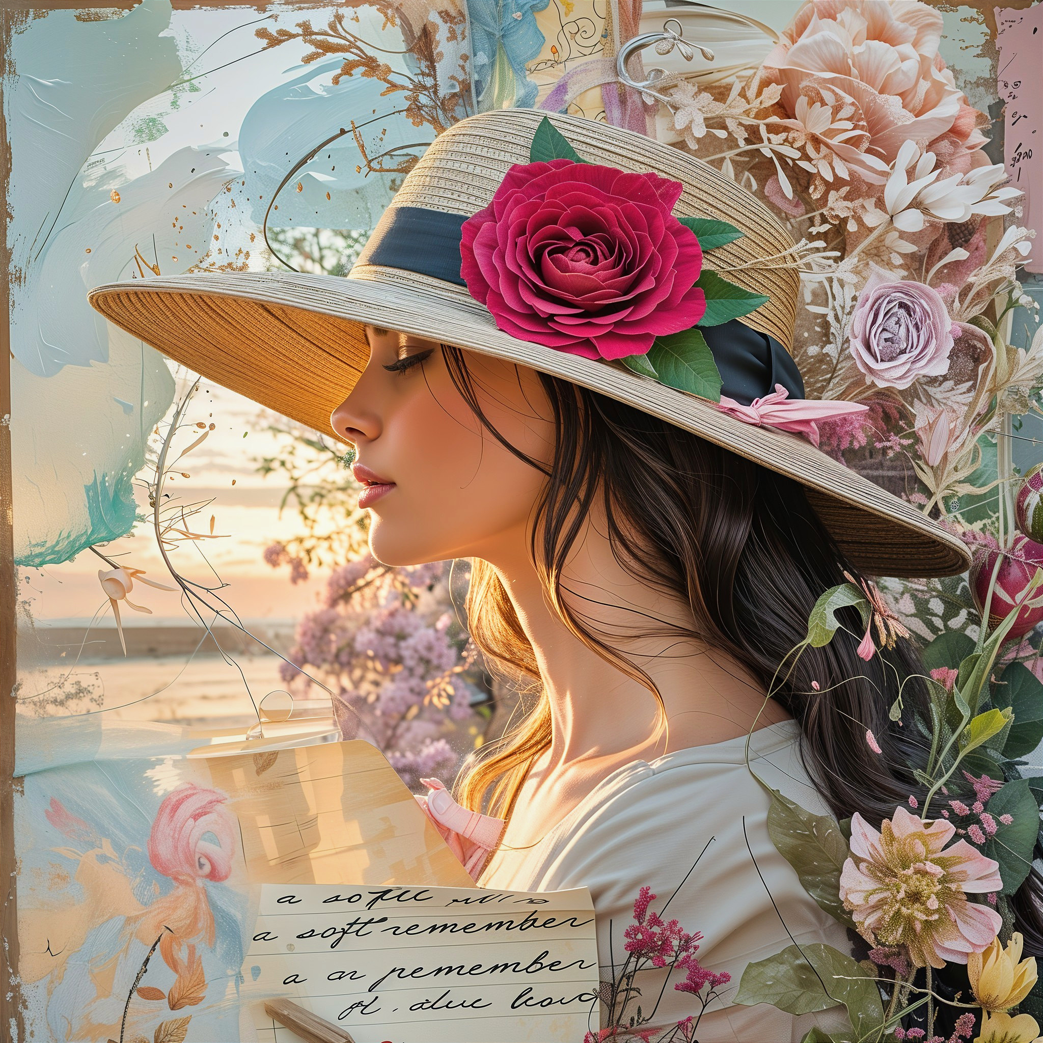 Young Woman in Straw Hat Surrounded by Florals