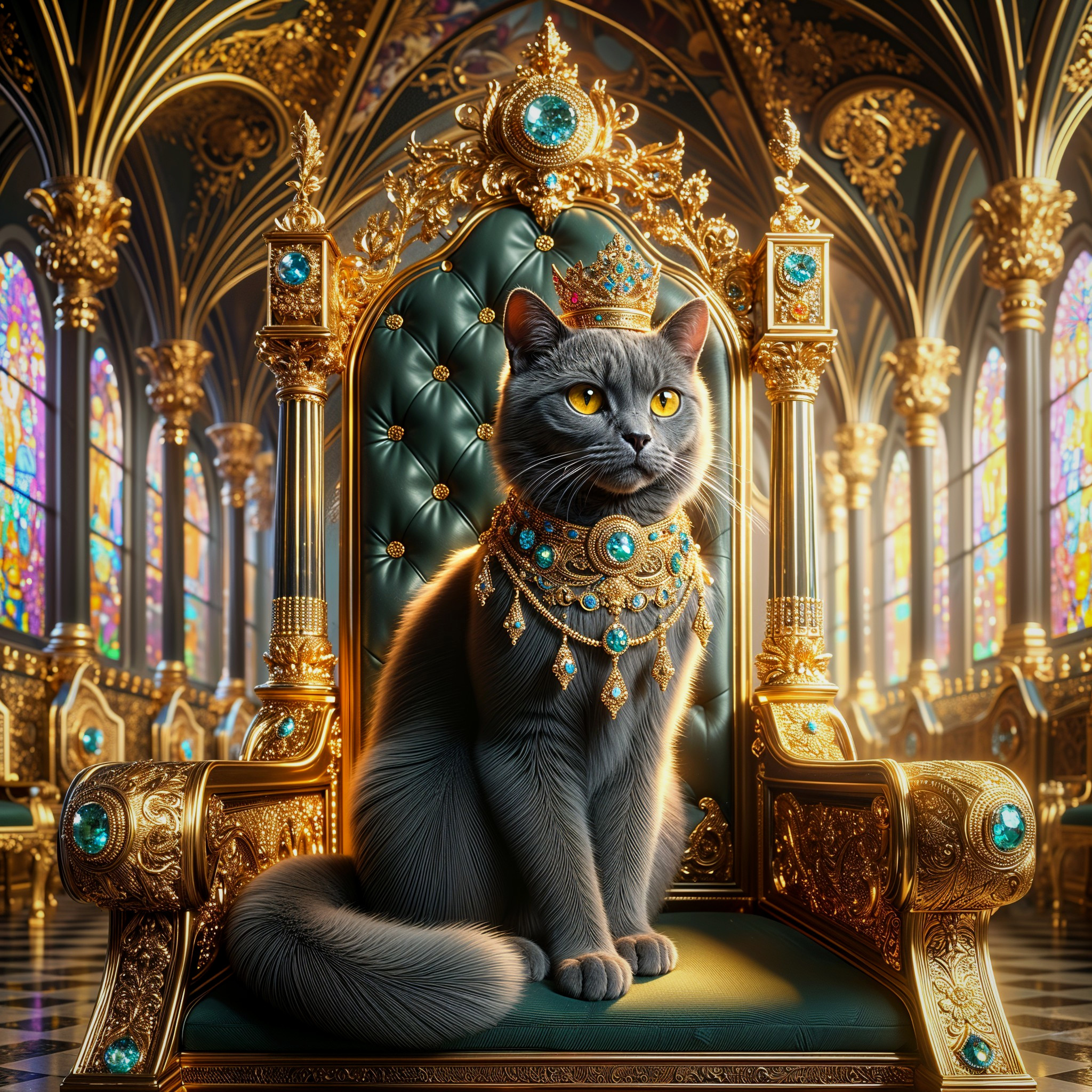 Regal Gray Cat on Golden Throne in Opulent Palace