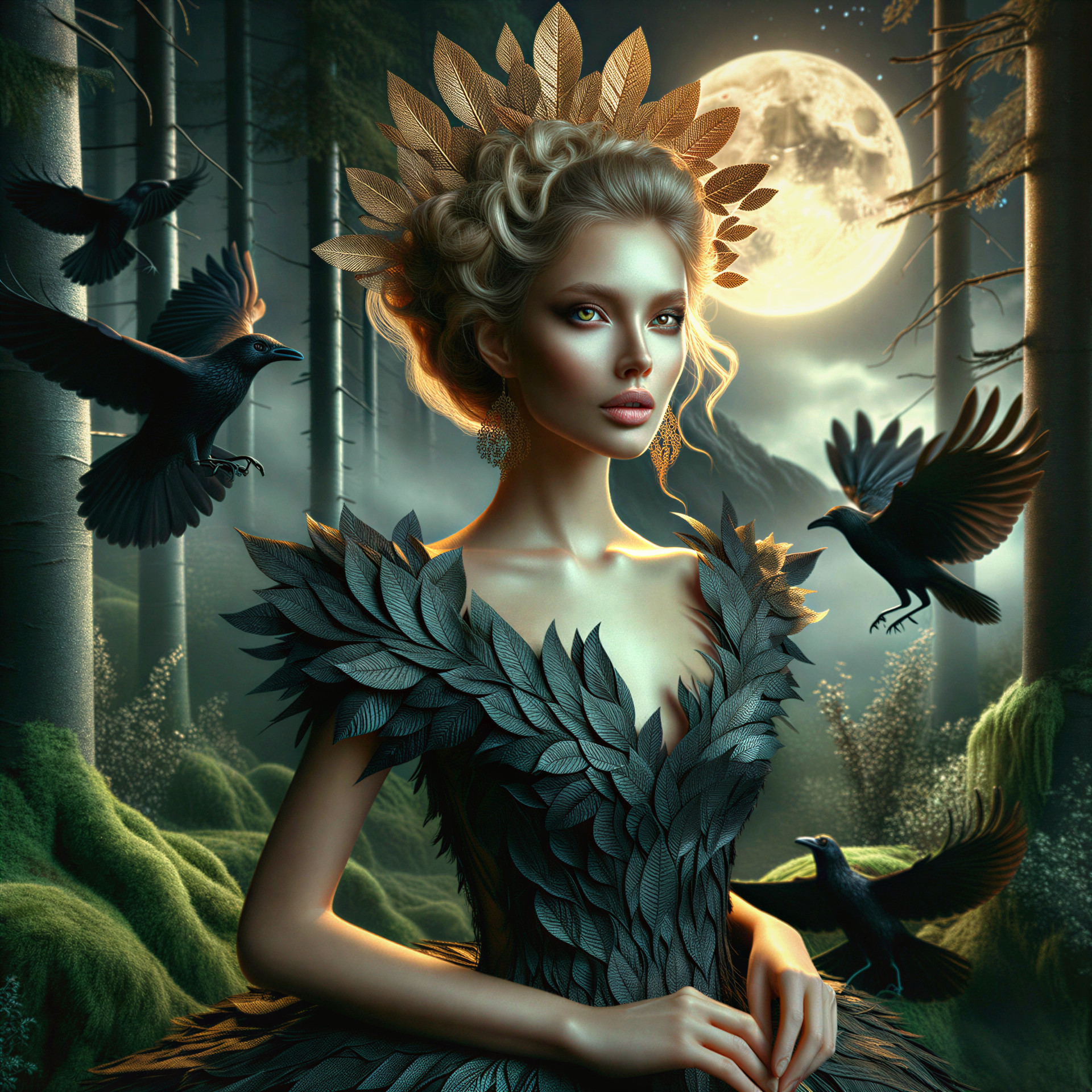 Mystical Figure in Enchanting Forest with Moonlight
