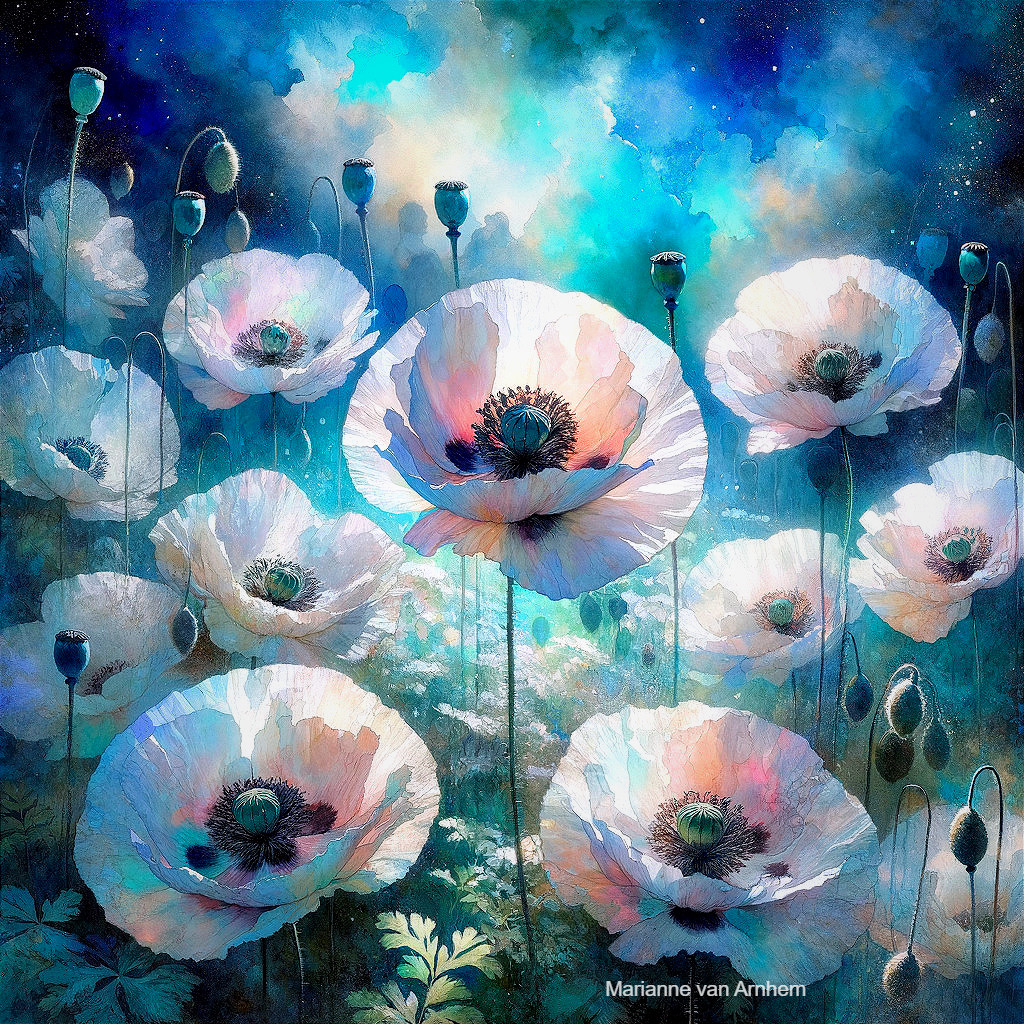 Watercolor White Persian Poppies on Blue Canvas