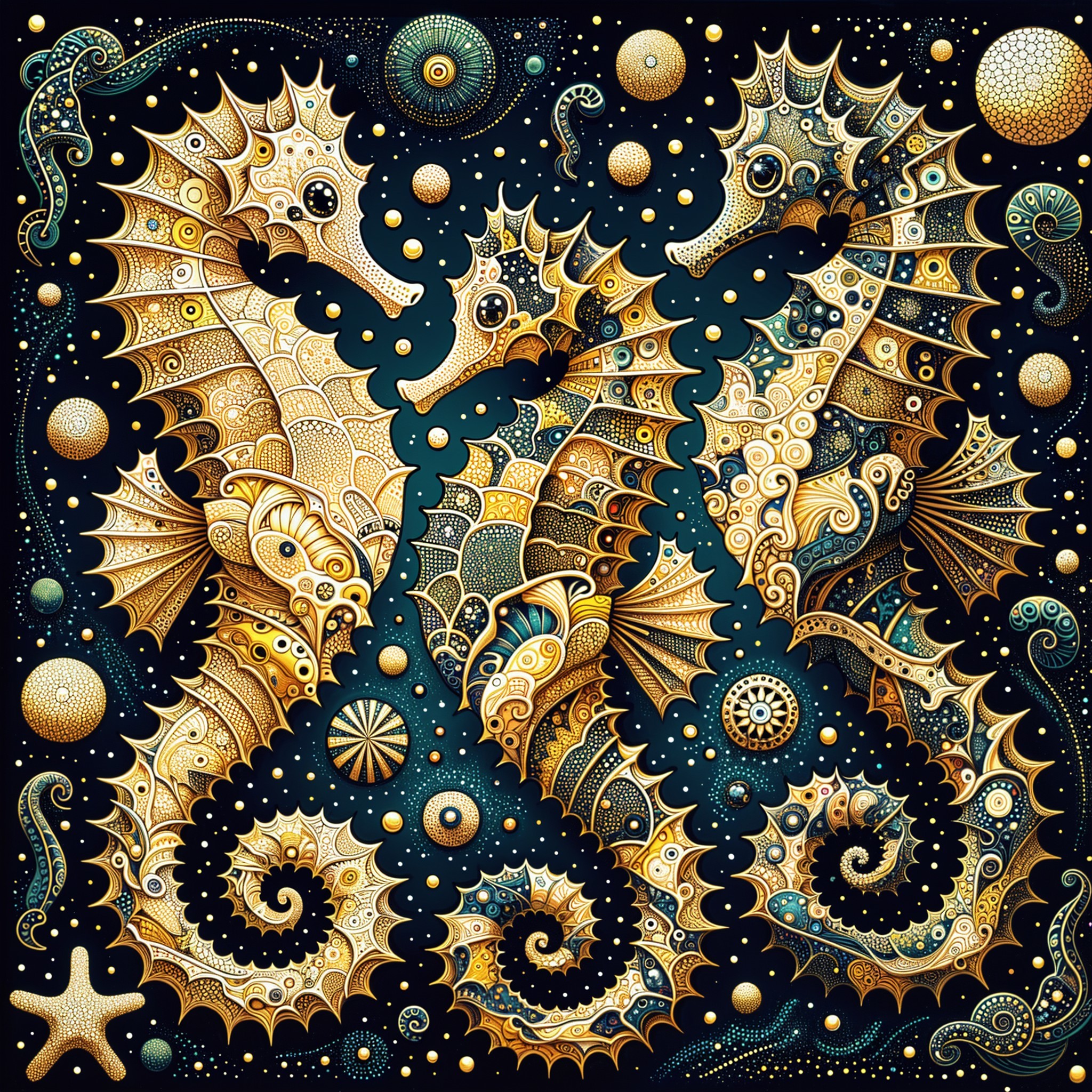 Whimsical Underwater Scene with Golden Seahorses