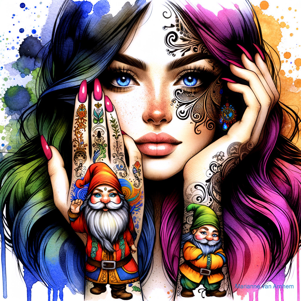 Vibrant Portrait of Woman with Colorful Hair and Gnomes