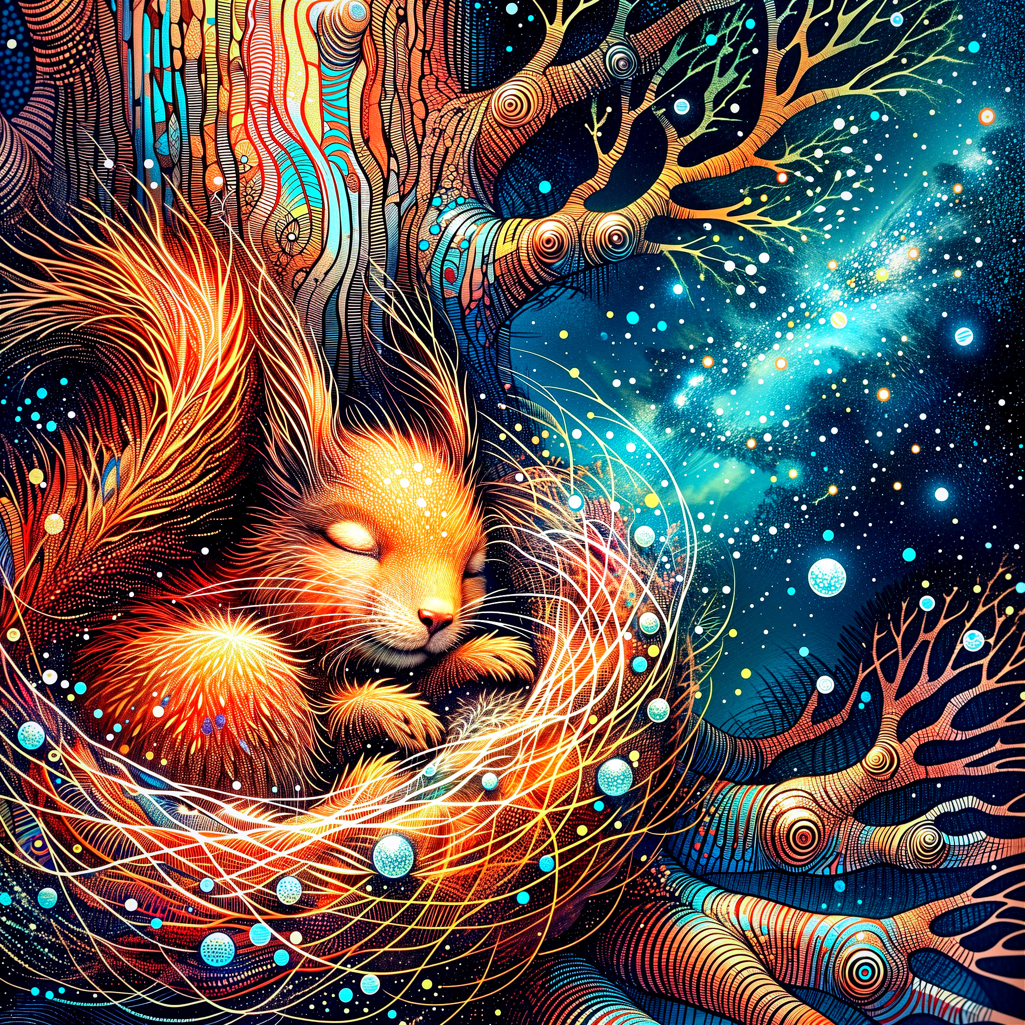 Sleeping Squirrel in a Vibrant Cosmic Nest