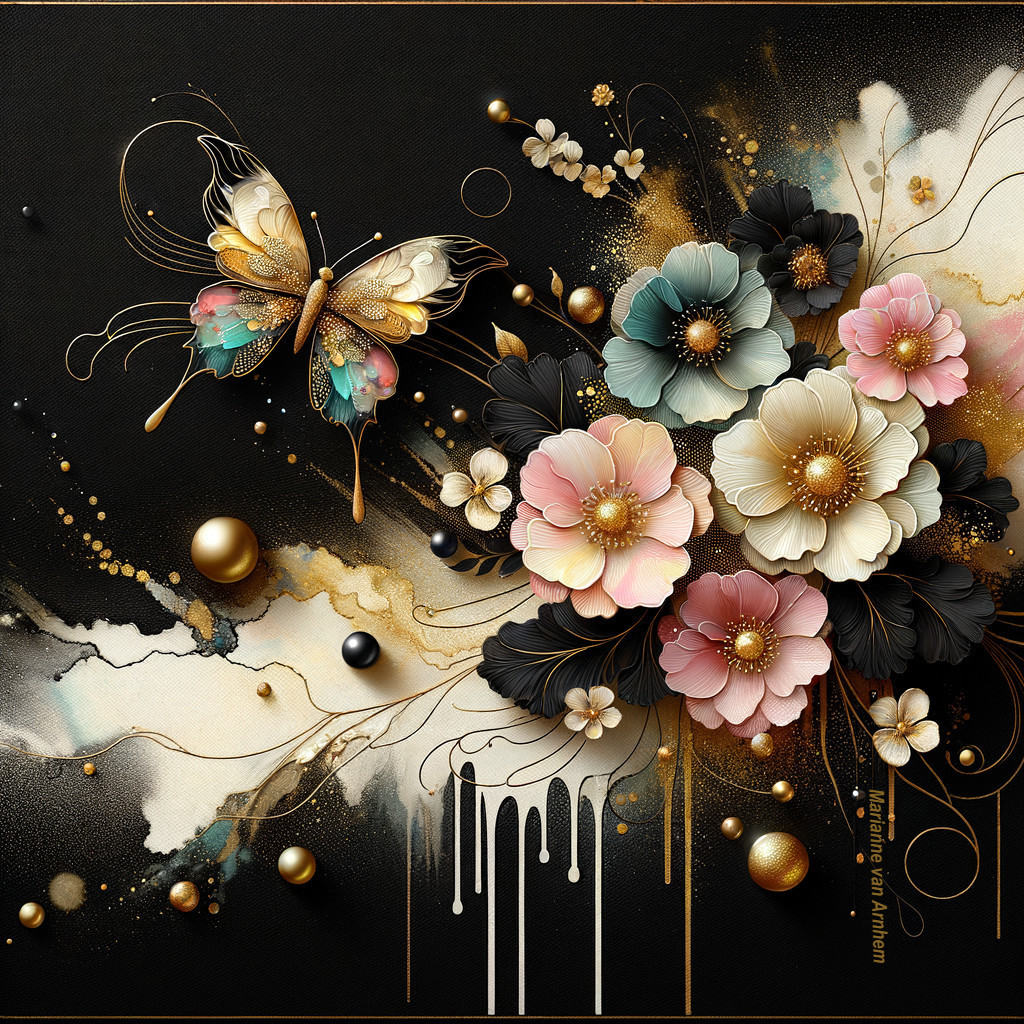 Butterfly and Flowers on Black with Golden Accents