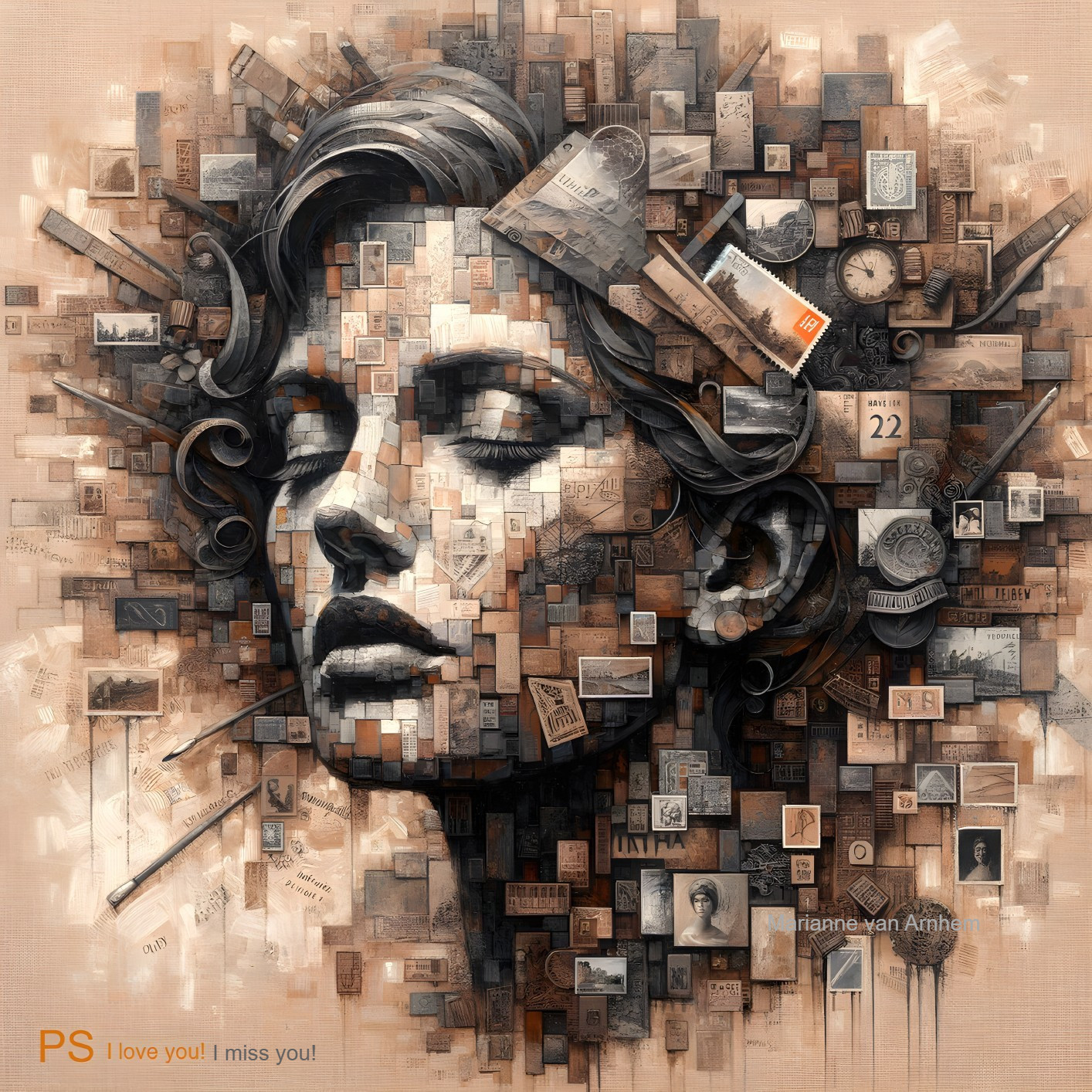 Artwork: Woman's profile with collage of currency, book pages, and photos