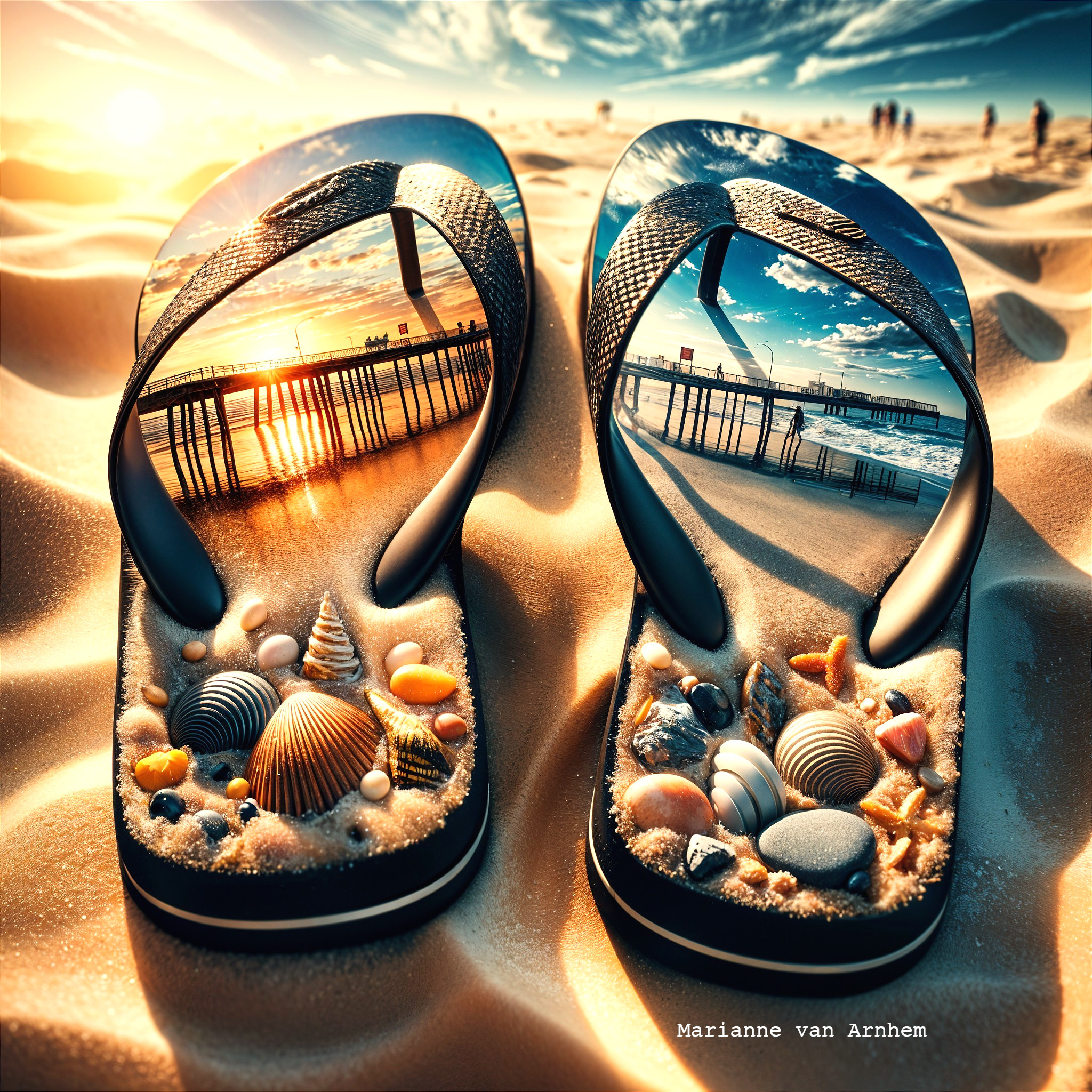 Flip-Flops on Beach with Sunset and Ocean View