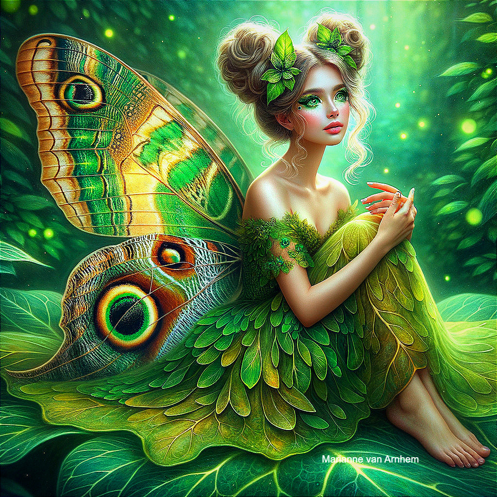 Whimsical Fairy in Lush Green Leaves and Vibrant Wings