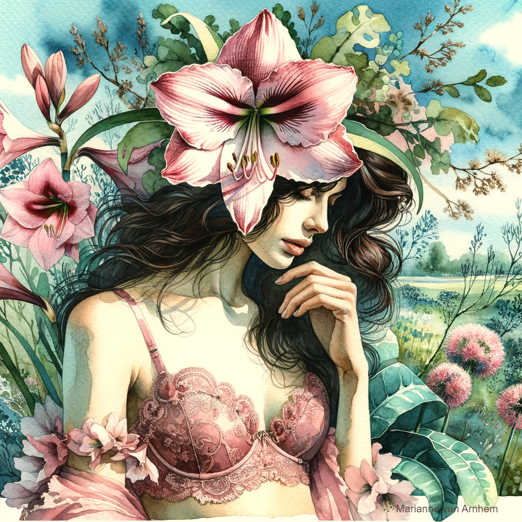 Woman in a lush garden with pink flower and lace bra