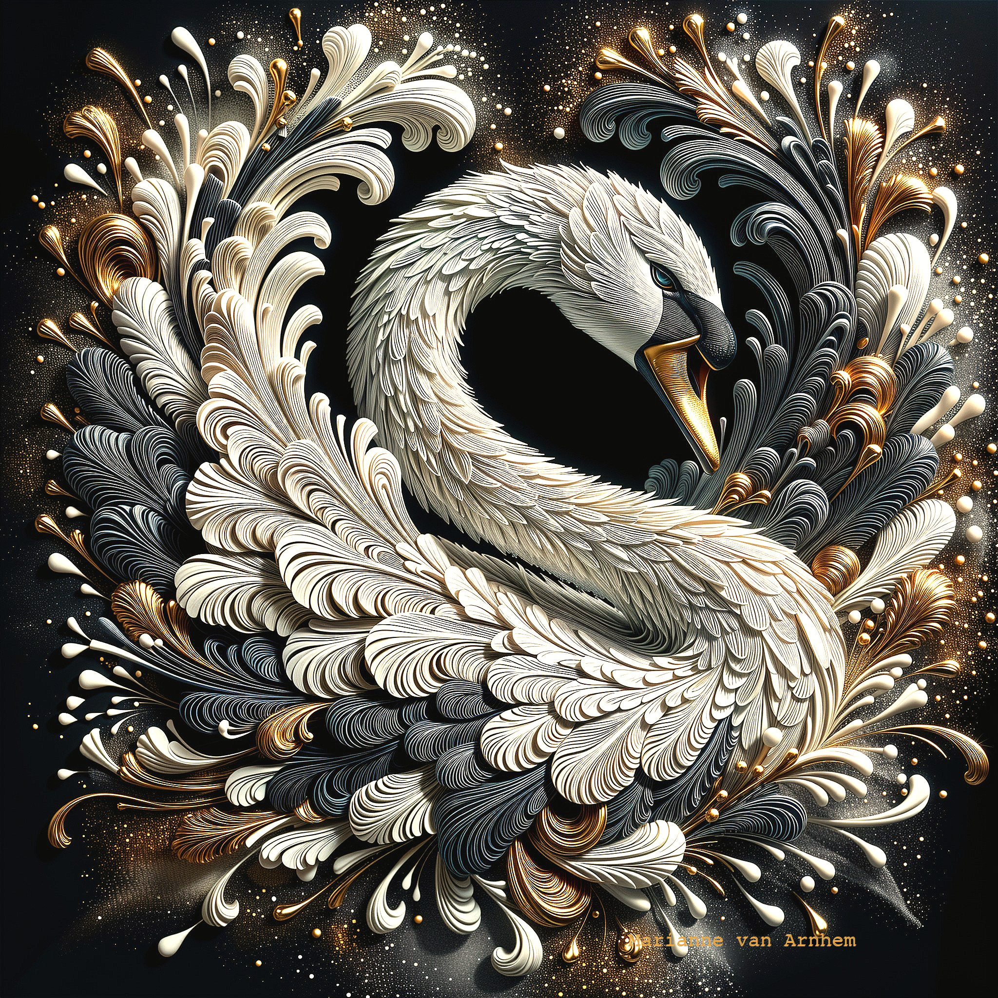 Detailed Swan Illustration with Cream and Gold Patterns