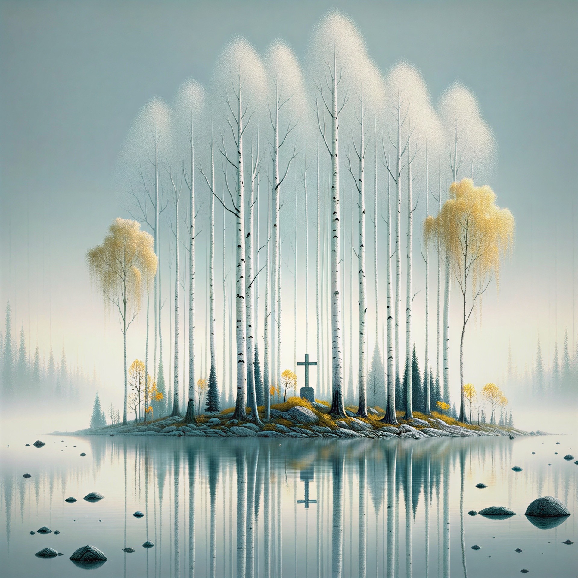 Serene Landscape with White Trees and Calm Water