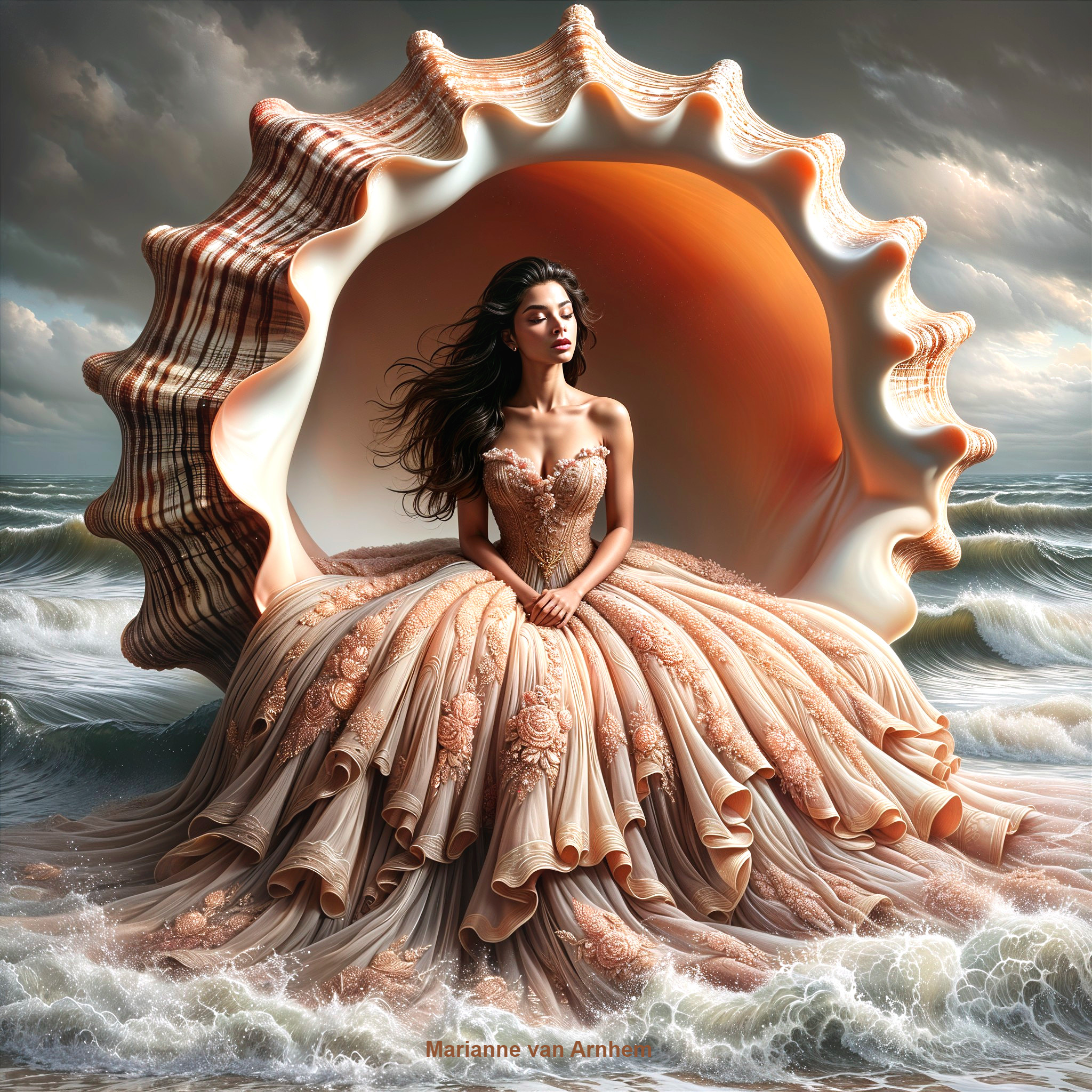 Woman in Seashell-Inspired Gown on Shoreline Shell