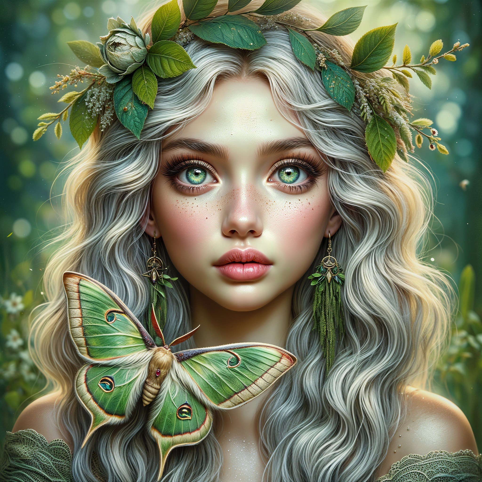 Portrait of a Young Woman with Silver Hair and Moth