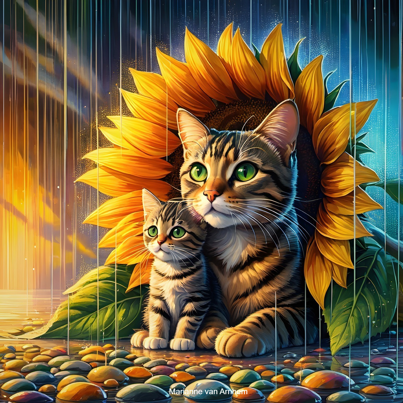 Mother Cat and Kitten Under Sunflower with Raindrops