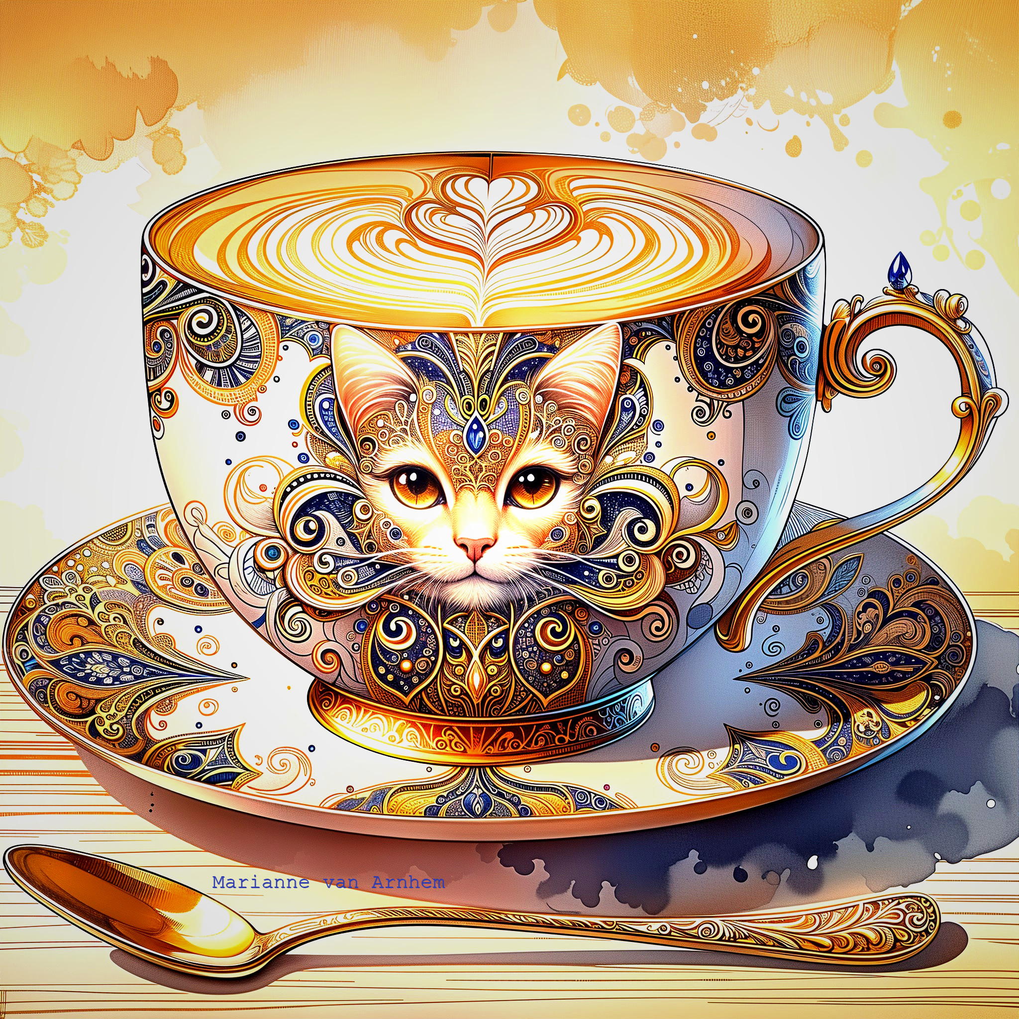 Ornate teacup with cat design and matching saucer