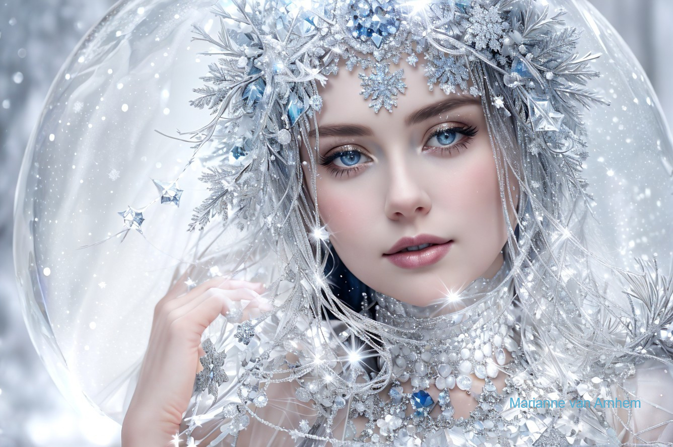 Woman with icy blue eyes in silver crown and winter accessories on snowy backdrop