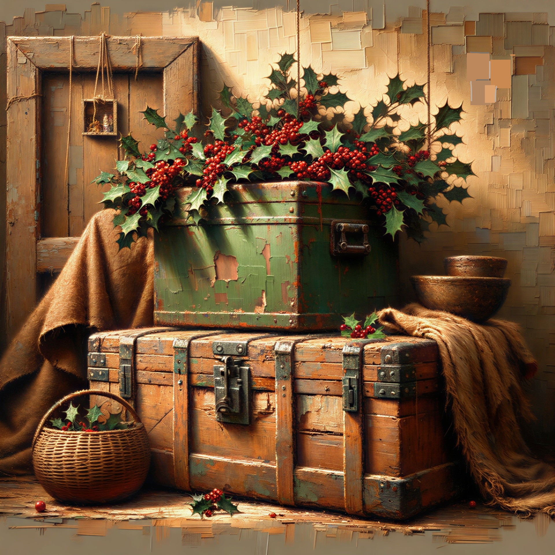 Vintage Holiday Scene with Wooden Chests and Decor